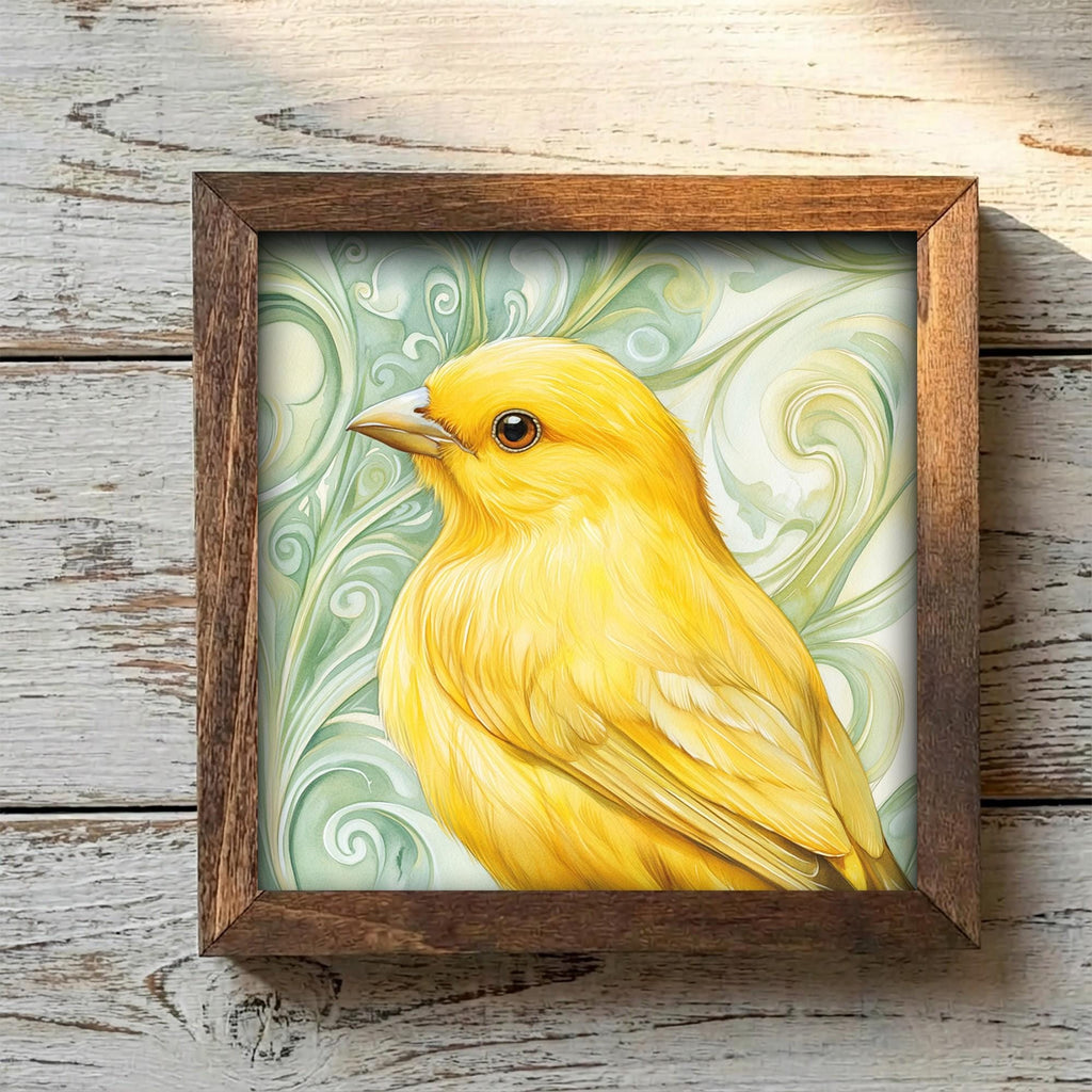 Framed Yellow Bird Art Print | Rustic Farmhouse Shelf Decor