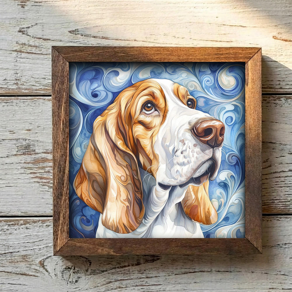 Framed Basset Hound Art Print | Rustic Farmhouse Shelf Decor