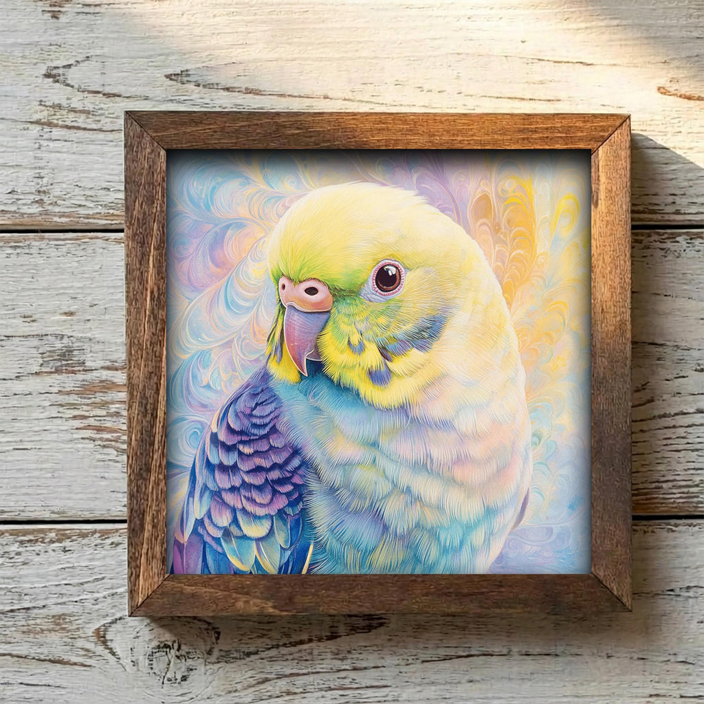 Framed Watercolor Parakeet Art Print | Colorful Bird Shelf Decor