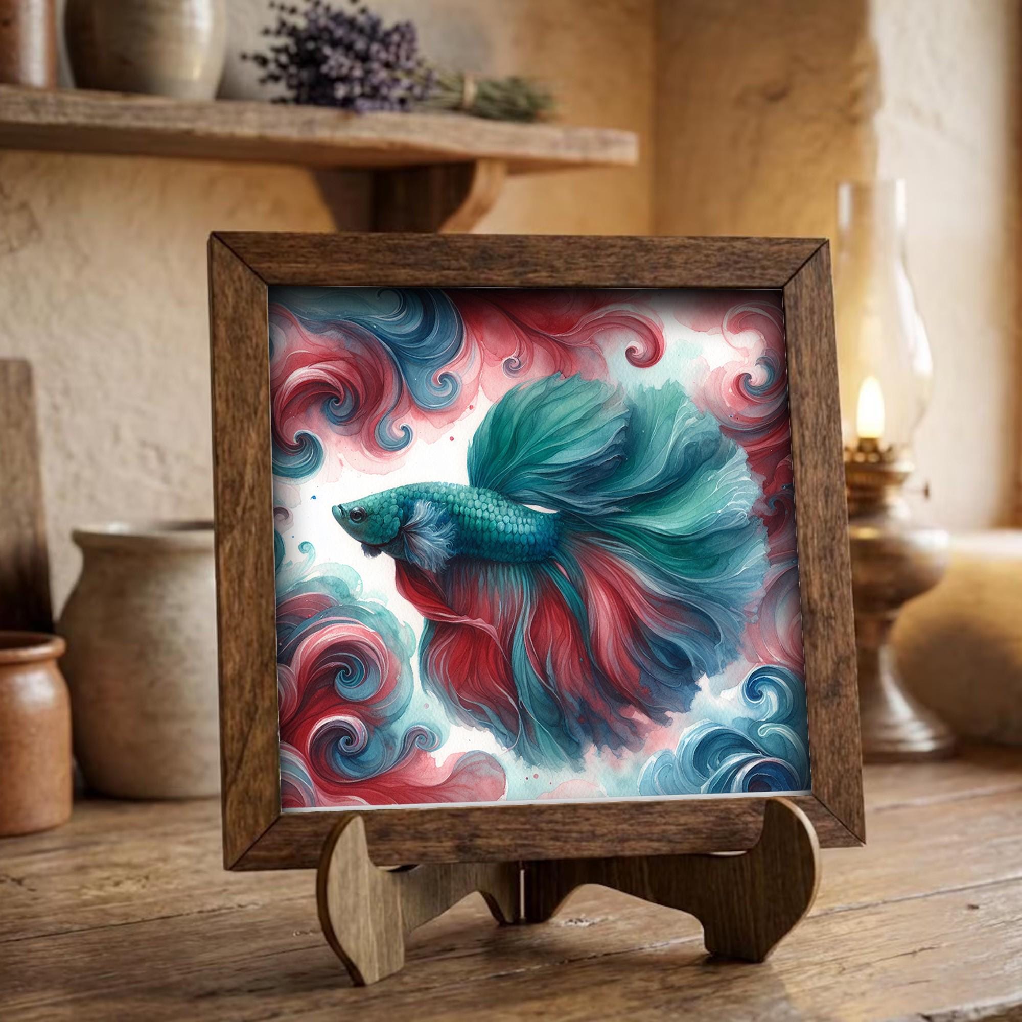 Framed Betta Fish Art Print | Watercolor Farmhouse Shelf Decor