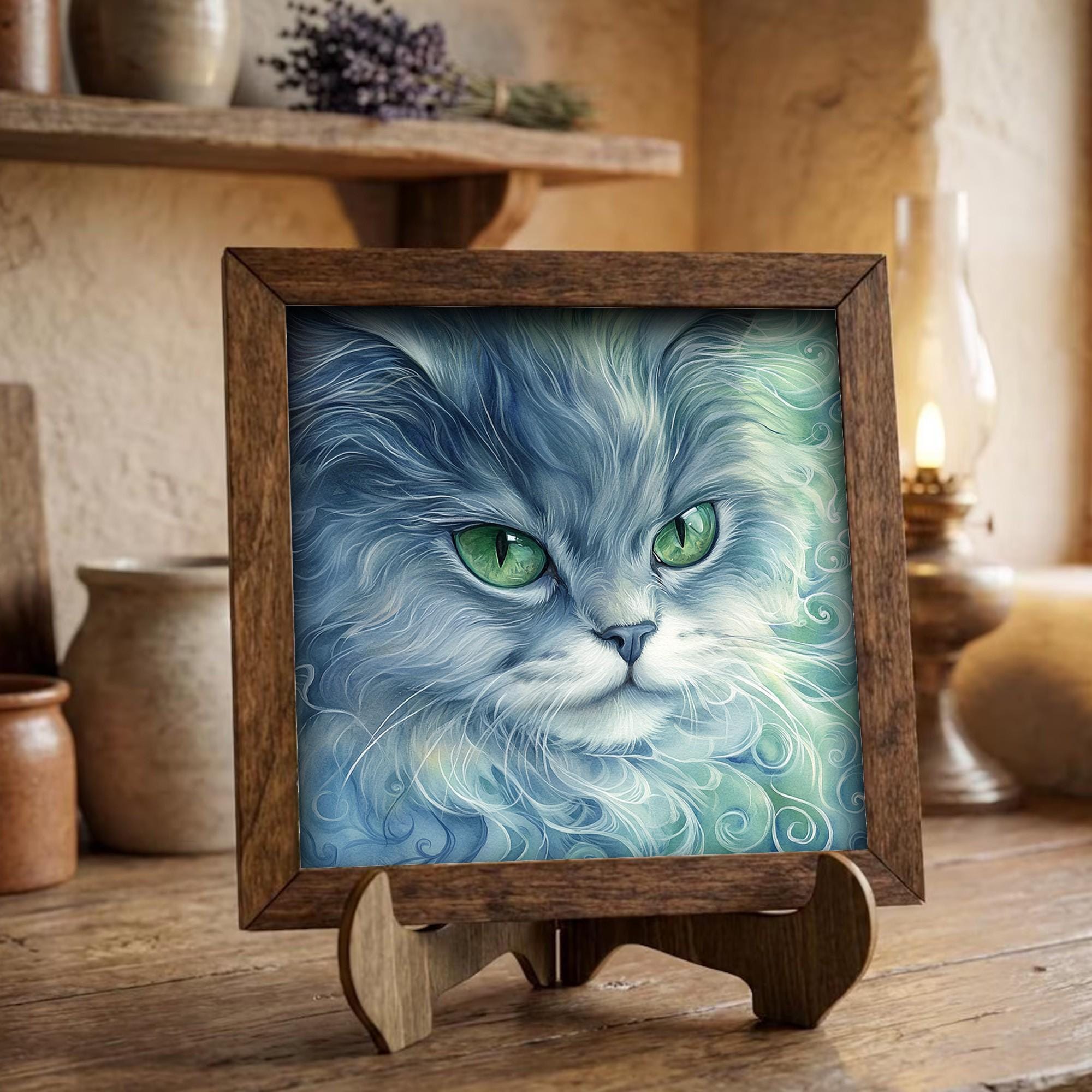 Framed Blue Cat Art Print | Rustic Farmhouse Shelf Decor