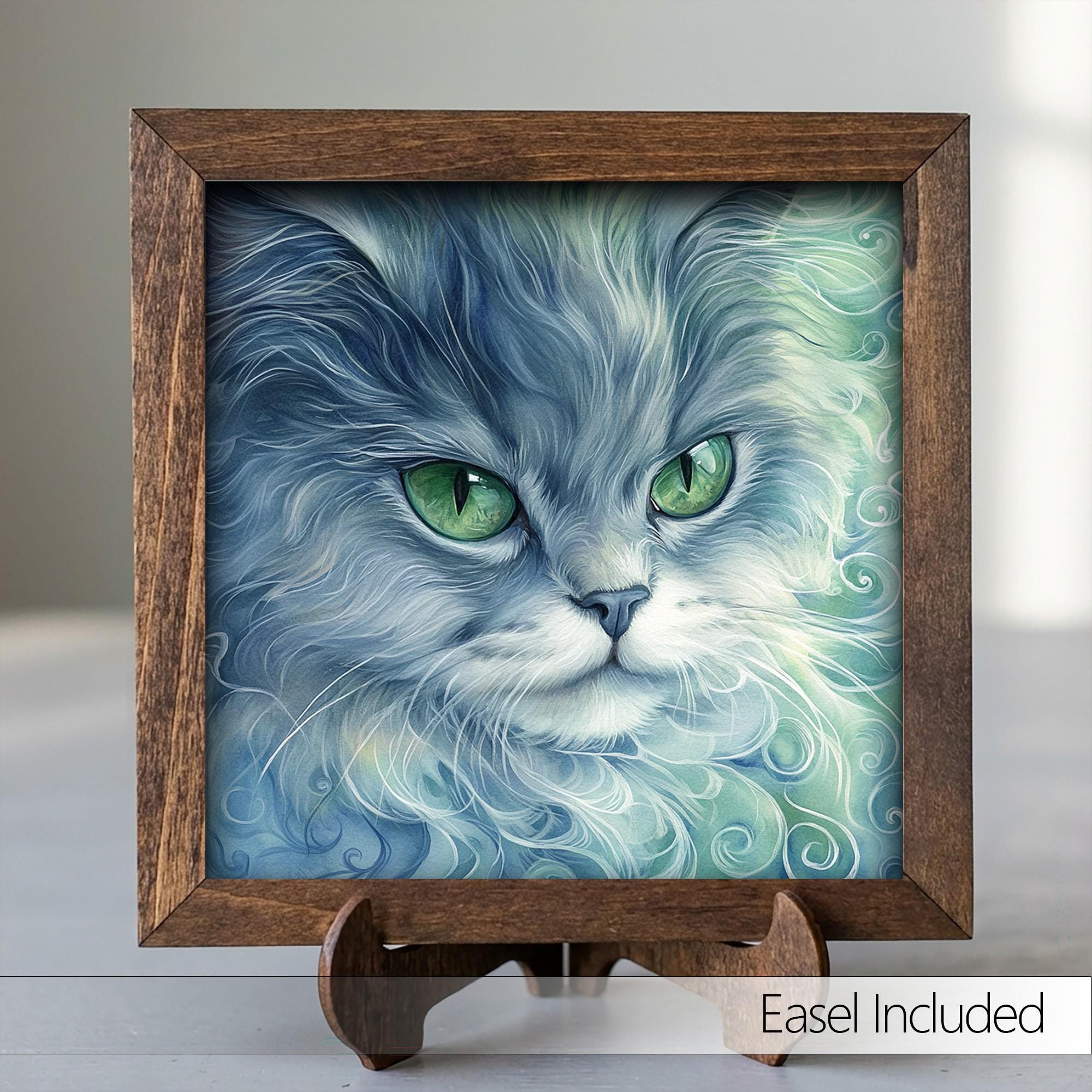 Framed Blue Cat Art Print | Rustic Farmhouse Shelf Decor
