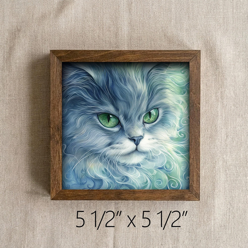 Framed Blue Cat Art Print | Rustic Farmhouse Shelf Decor