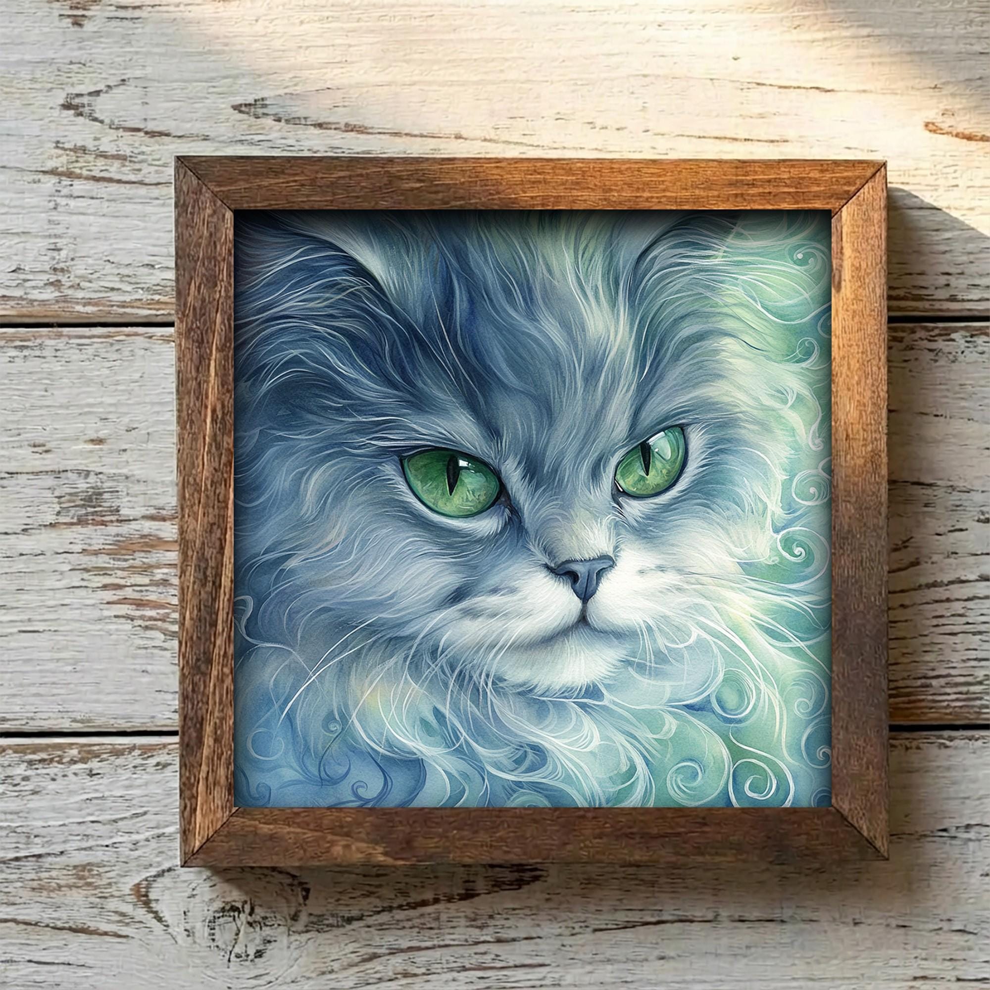 Framed Blue Cat Art Print | Rustic Farmhouse Shelf Decor