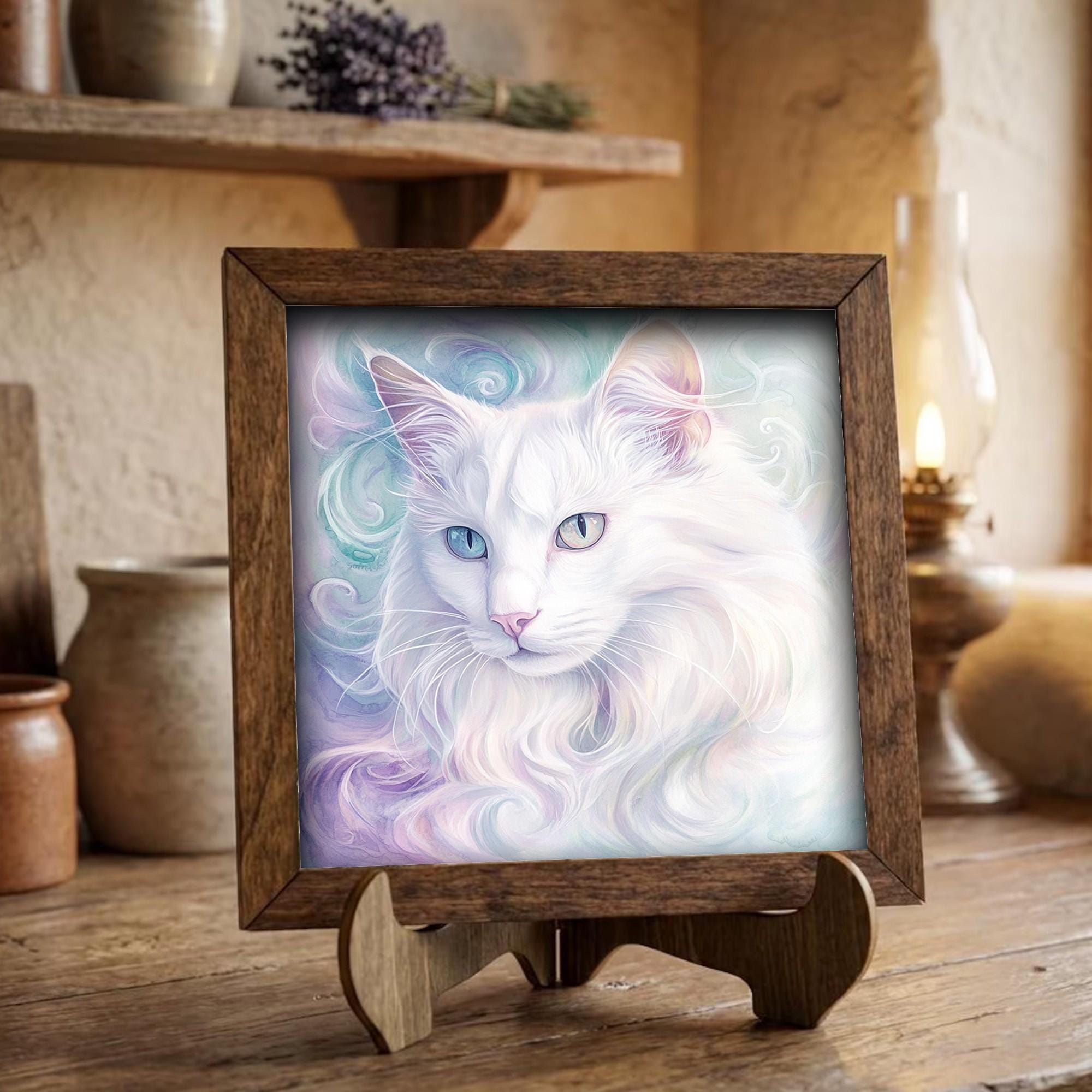 Framed White Cat Art Print | Whimsical Farmhouse Shelf Decor