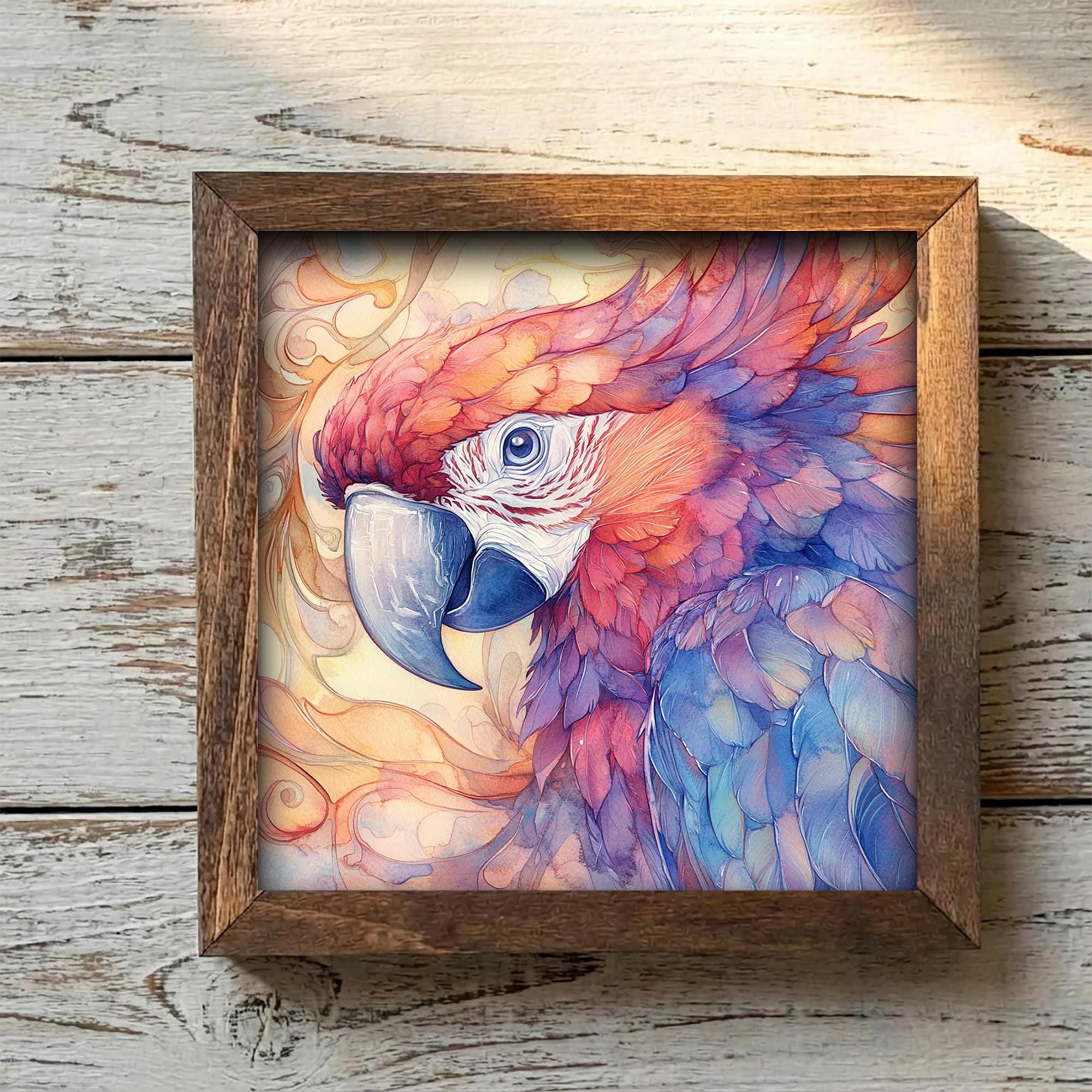 Framed Watercolor Parrot Art Print | Colorful Bird Shelf Decor