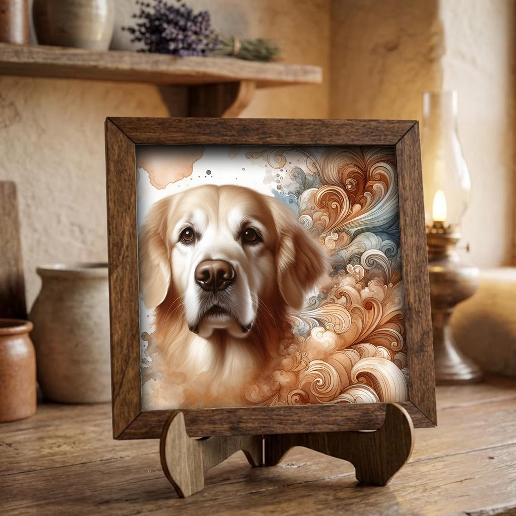 Framed Golden Retriever Art Print | Rustic Farmhouse Shelf Decor