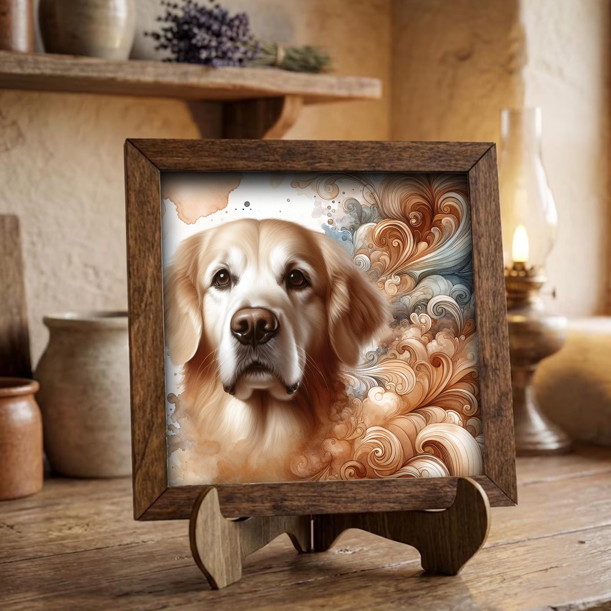 Framed Golden Retriever Art Print | Rustic Farmhouse Shelf Decor