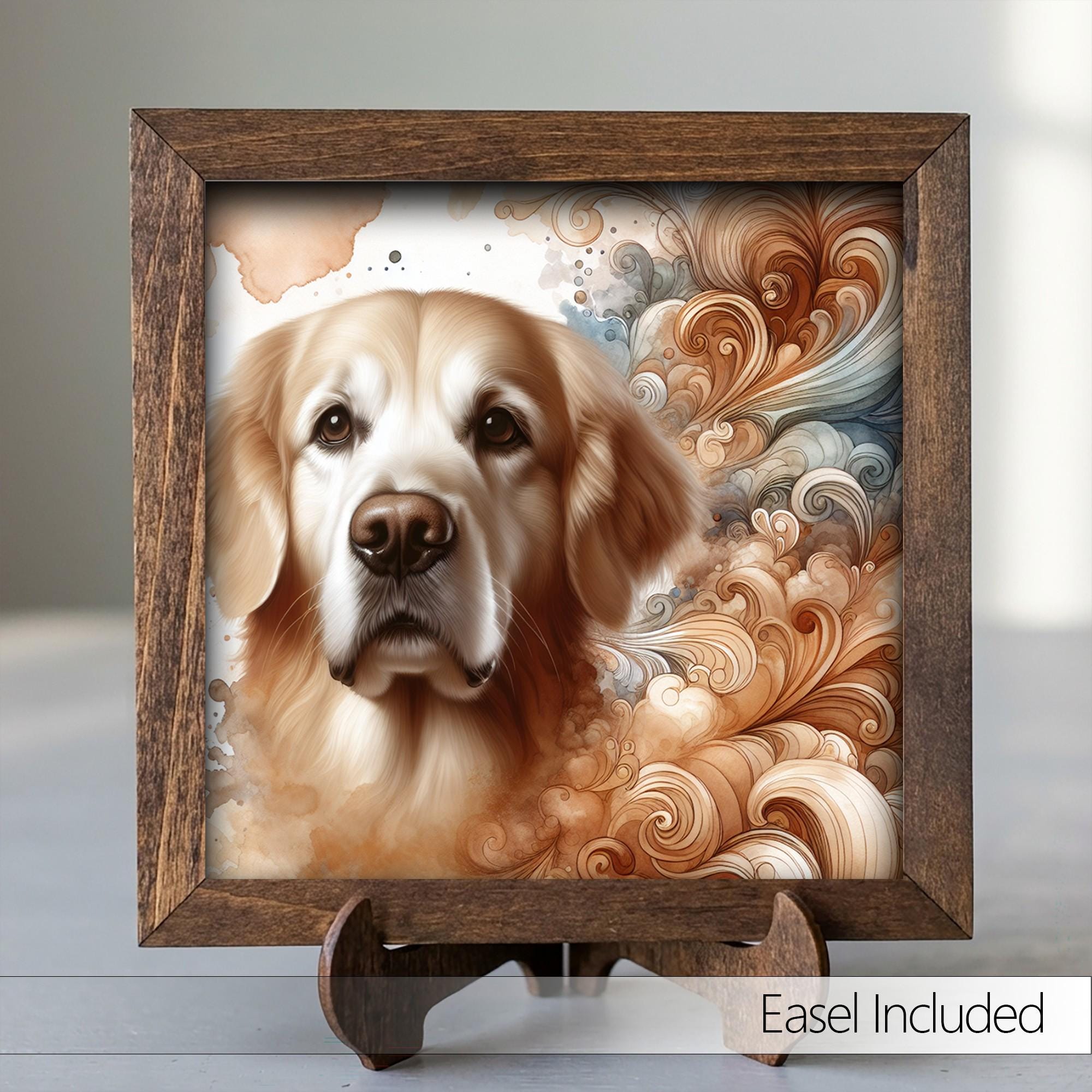 Framed Golden Retriever Art Print | Rustic Farmhouse Shelf Decor