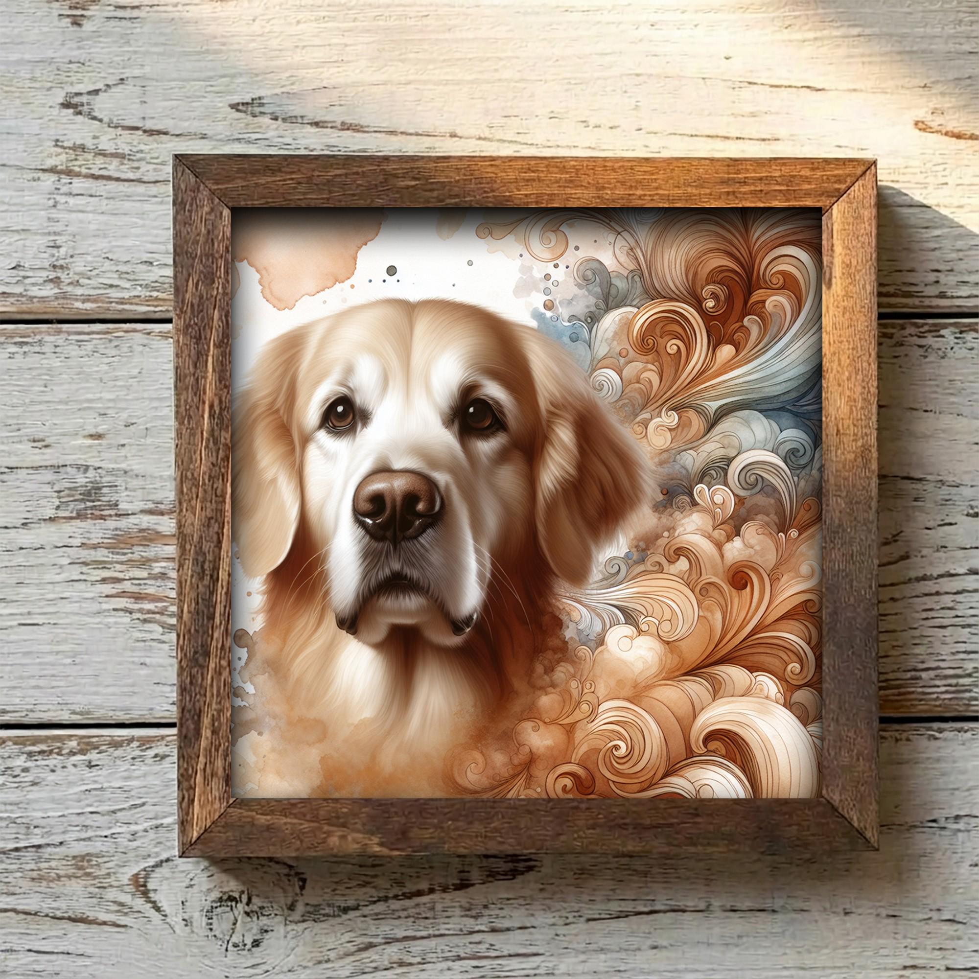 Framed Golden Retriever Art Print | Rustic Farmhouse Shelf Decor