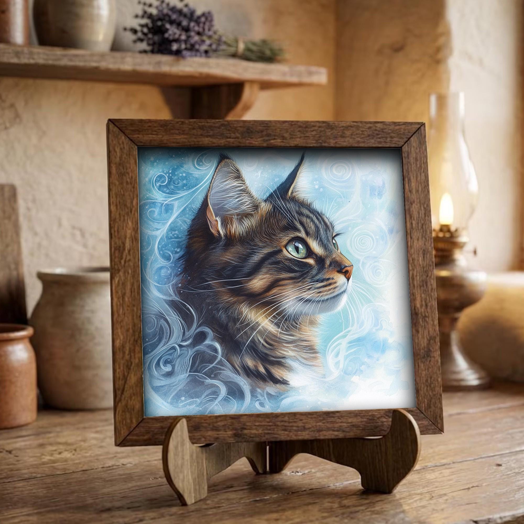 Framed Tabby Cat Art Print | Rustic Farmhouse Shelf Decor