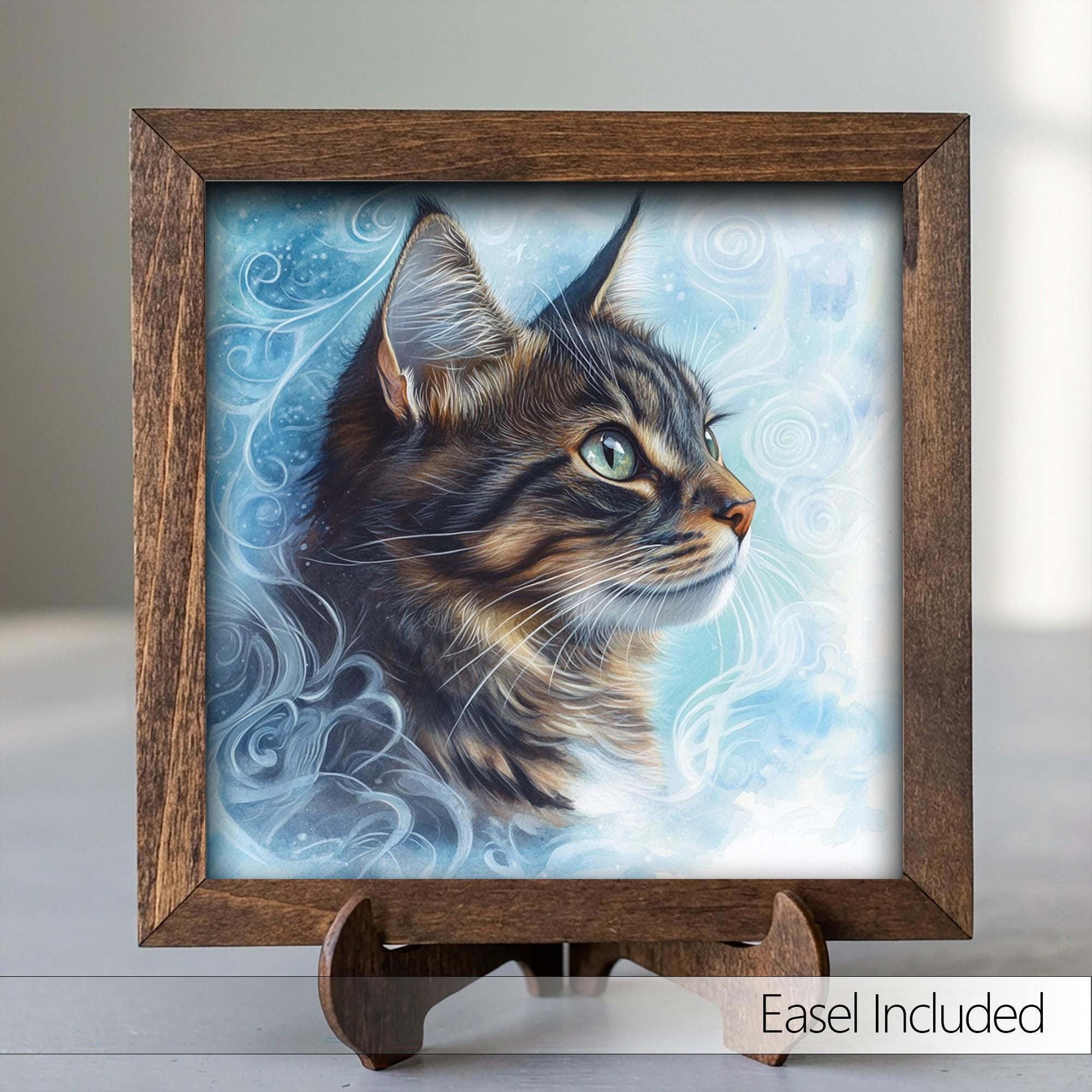 Framed Tabby Cat Art Print | Rustic Farmhouse Shelf Decor