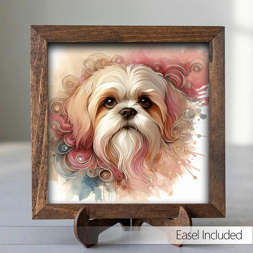 Framed Shih Tzu Watercolor Art Print | Rustic Farmhouse Shelf Decor