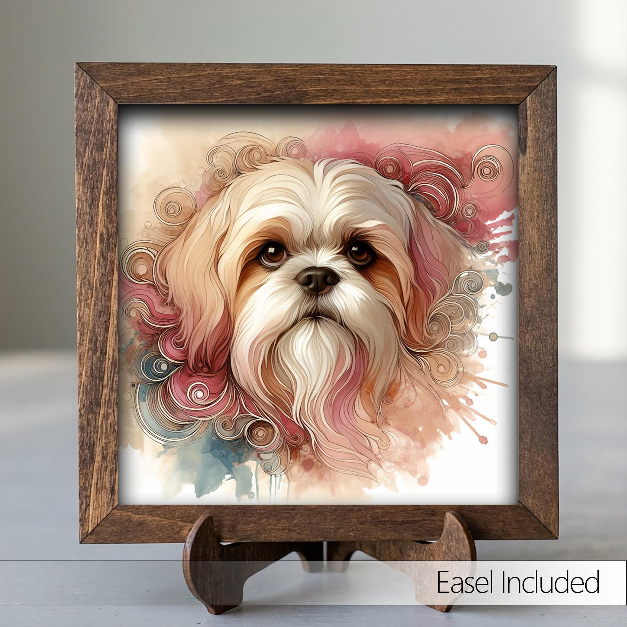 Framed Shih Tzu Watercolor Art Print | Rustic Farmhouse Shelf Decor