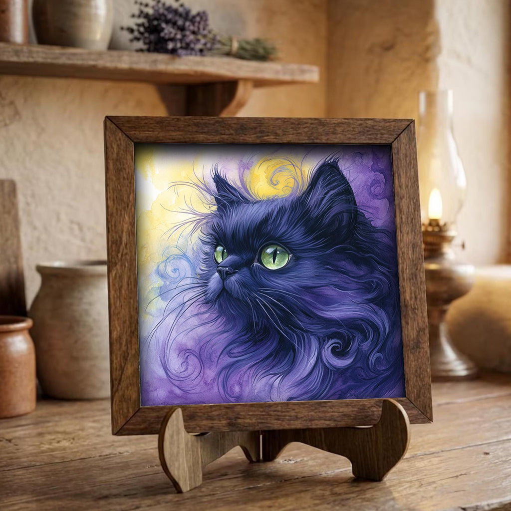 Framed Black Cat Art Print | Purple Watercolor Pet Portrait Decor