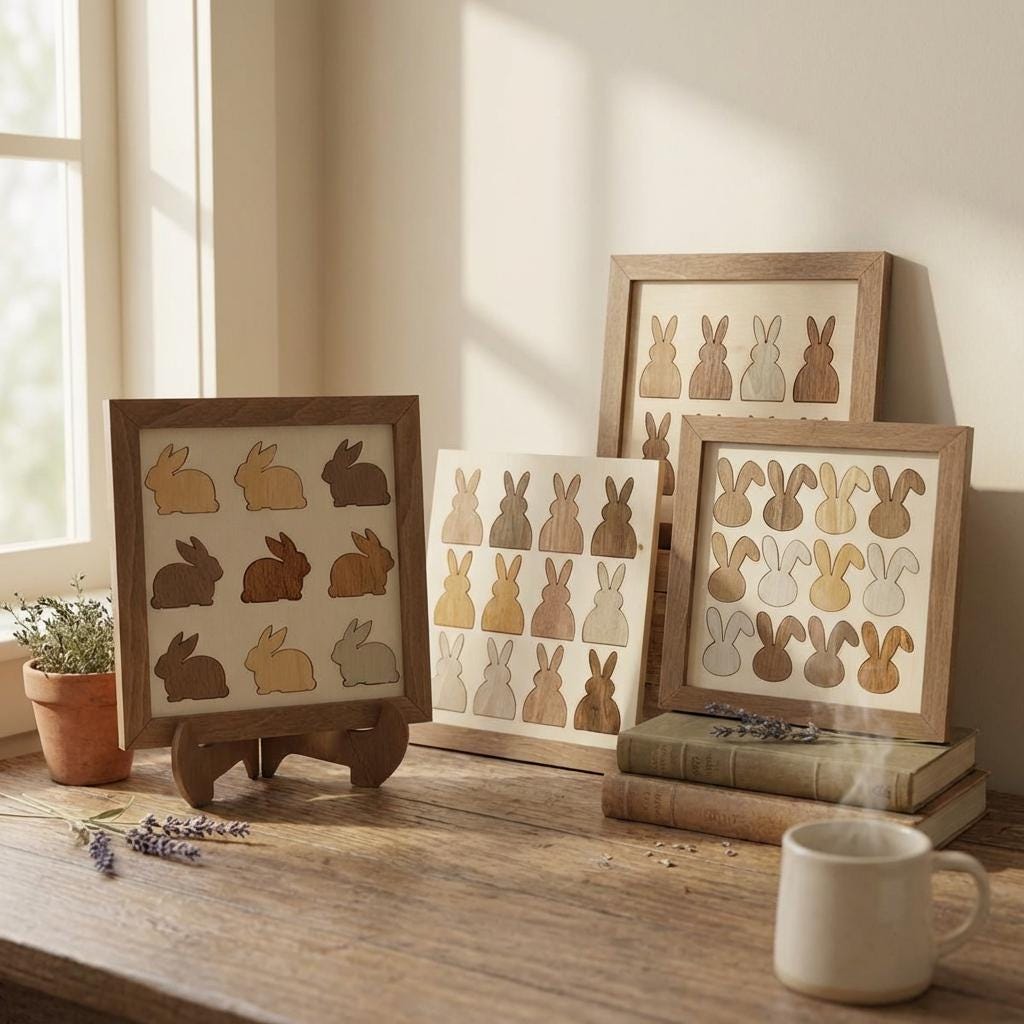 Farmhouse Bunny Grid Wall Art Collection | Set of 4 Layered Wood Panels | Cottage Home Decor Bundle Gift - TheGrumpyRooster