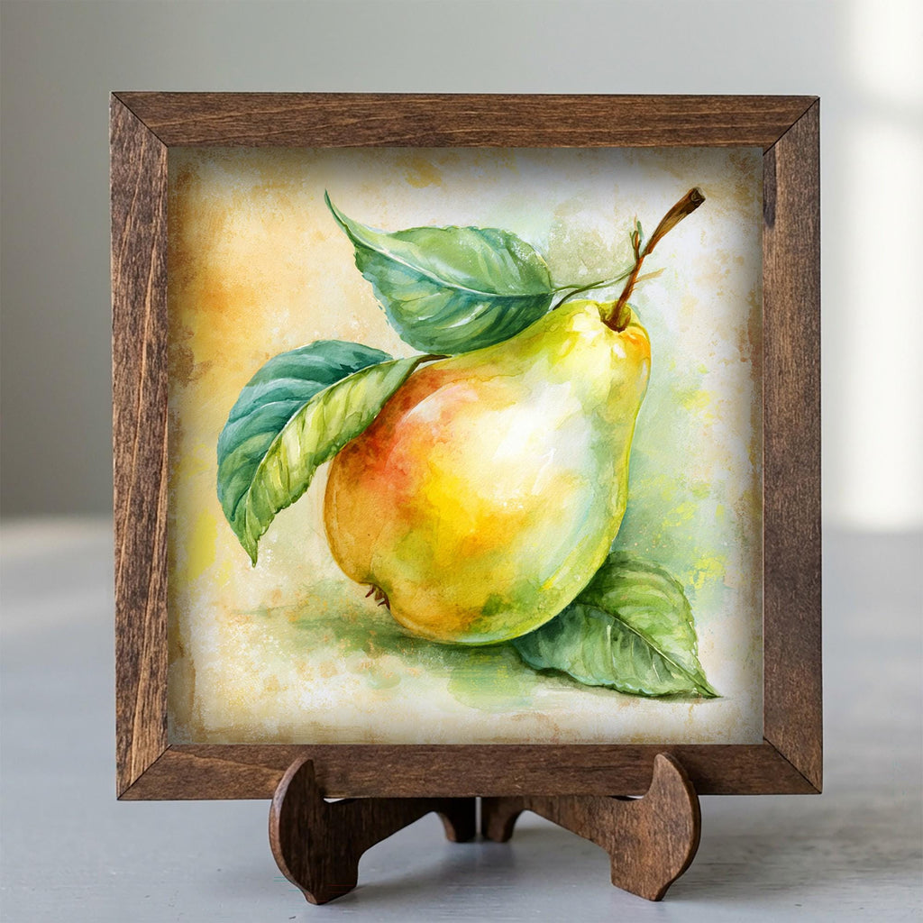 Framed Pear Art Print | Rustic Farmhouse Kitchen Decor (Easel Included)