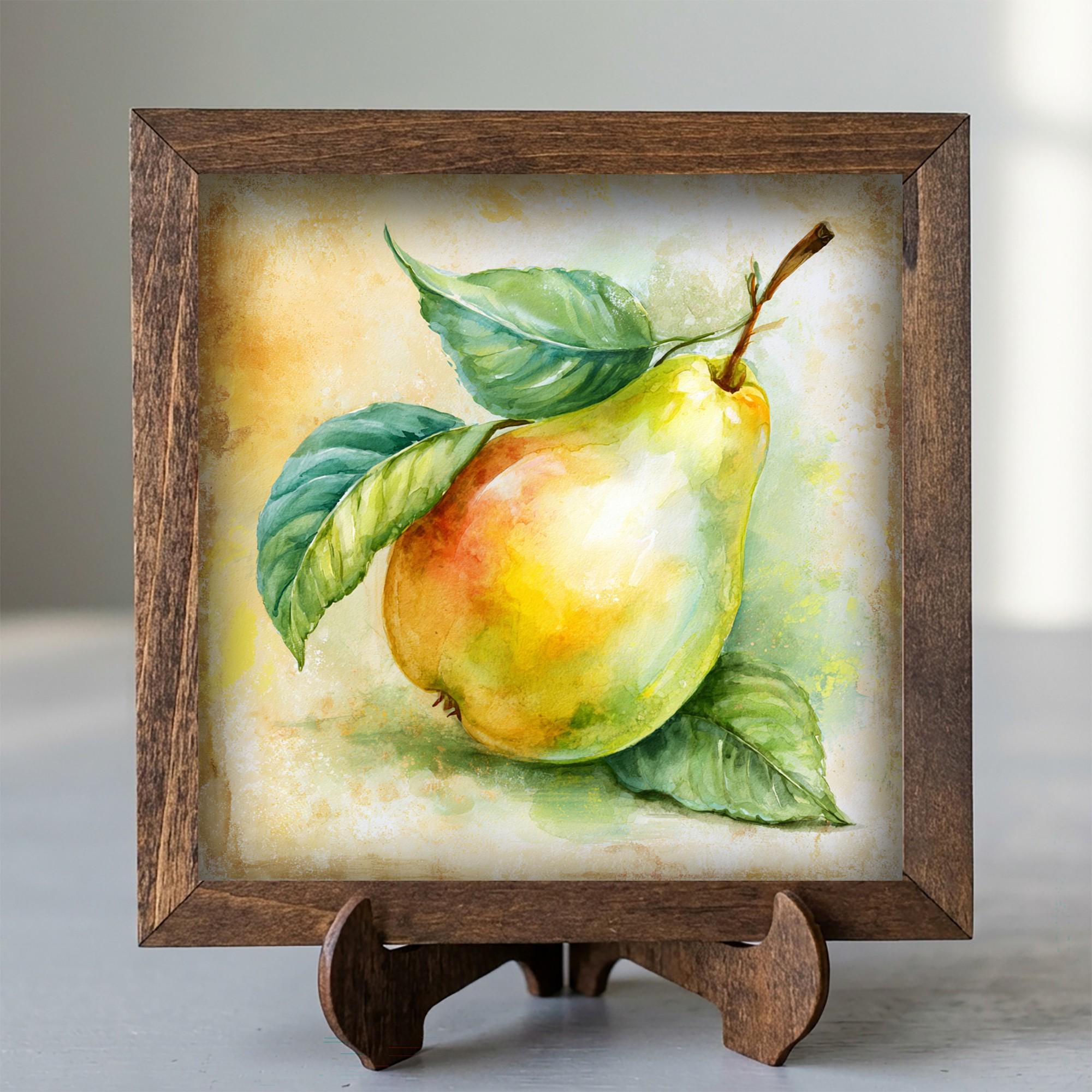 Framed Pear Art Print | Rustic Farmhouse Kitchen Decor (Easel Included)