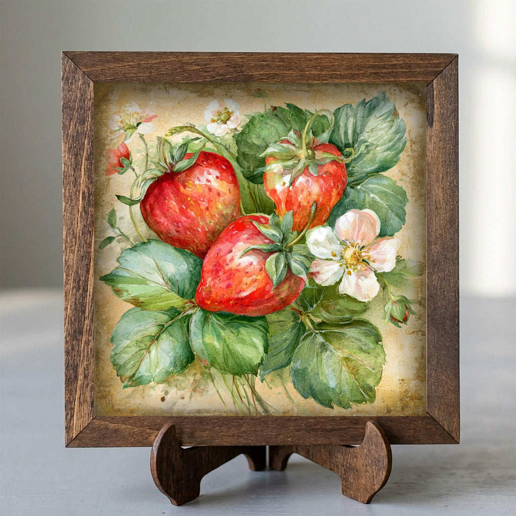 Framed Strawberry and Blossom Art Print | Rustic Farmhouse Shelf Decor