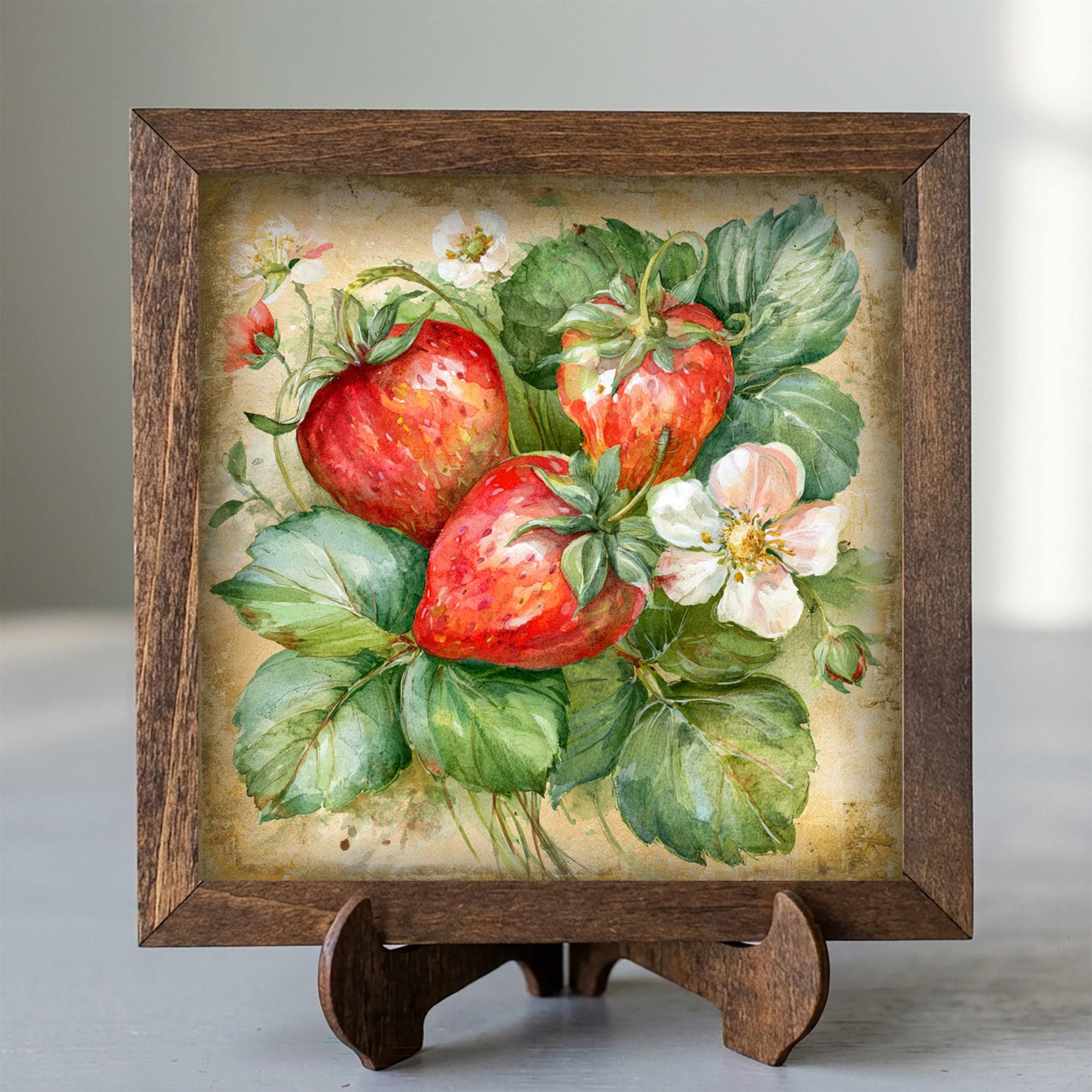 Framed Strawberry and Blossom Art Print | Rustic Farmhouse Shelf Decor