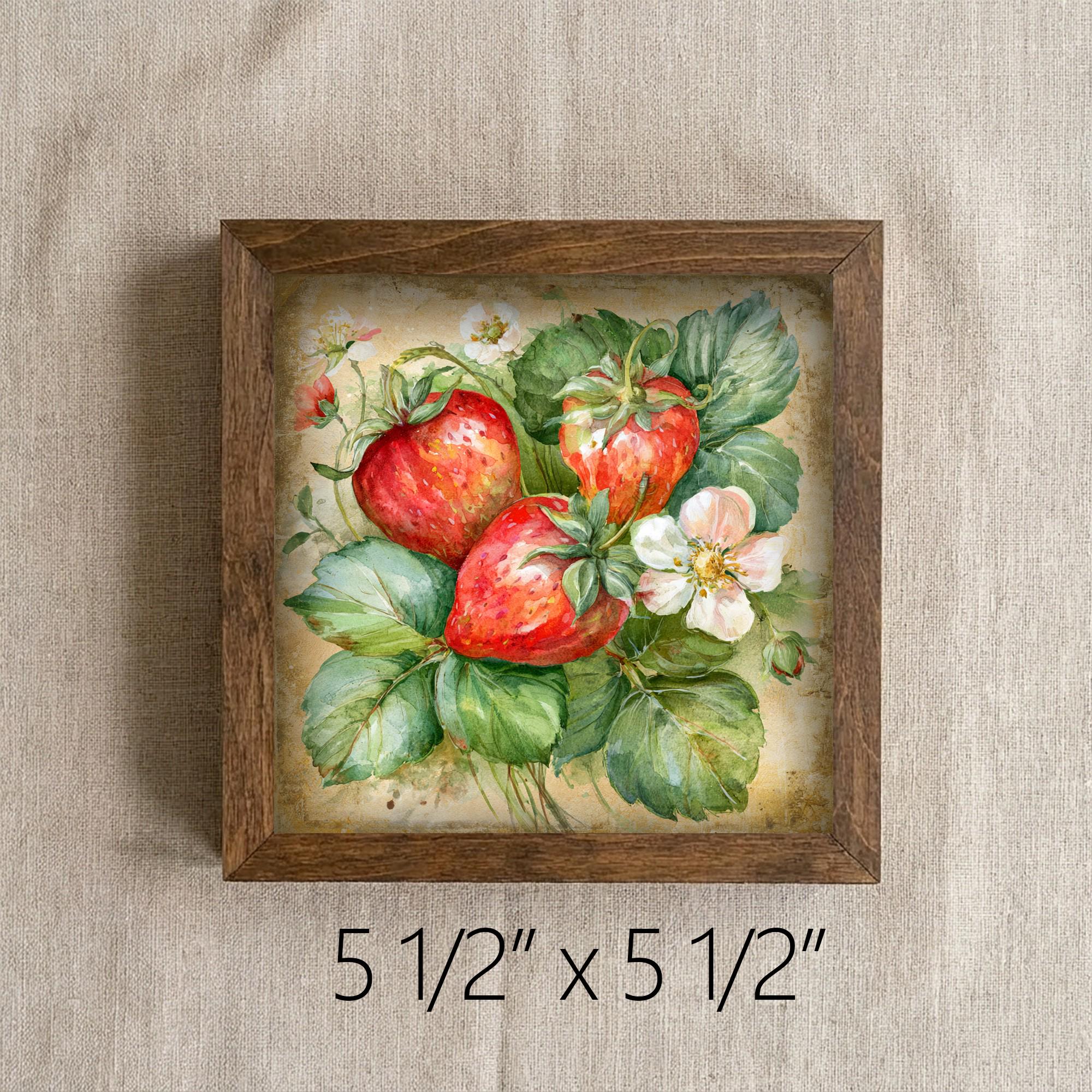 Framed Strawberry and Blossom Art Print | Rustic Farmhouse Shelf Decor