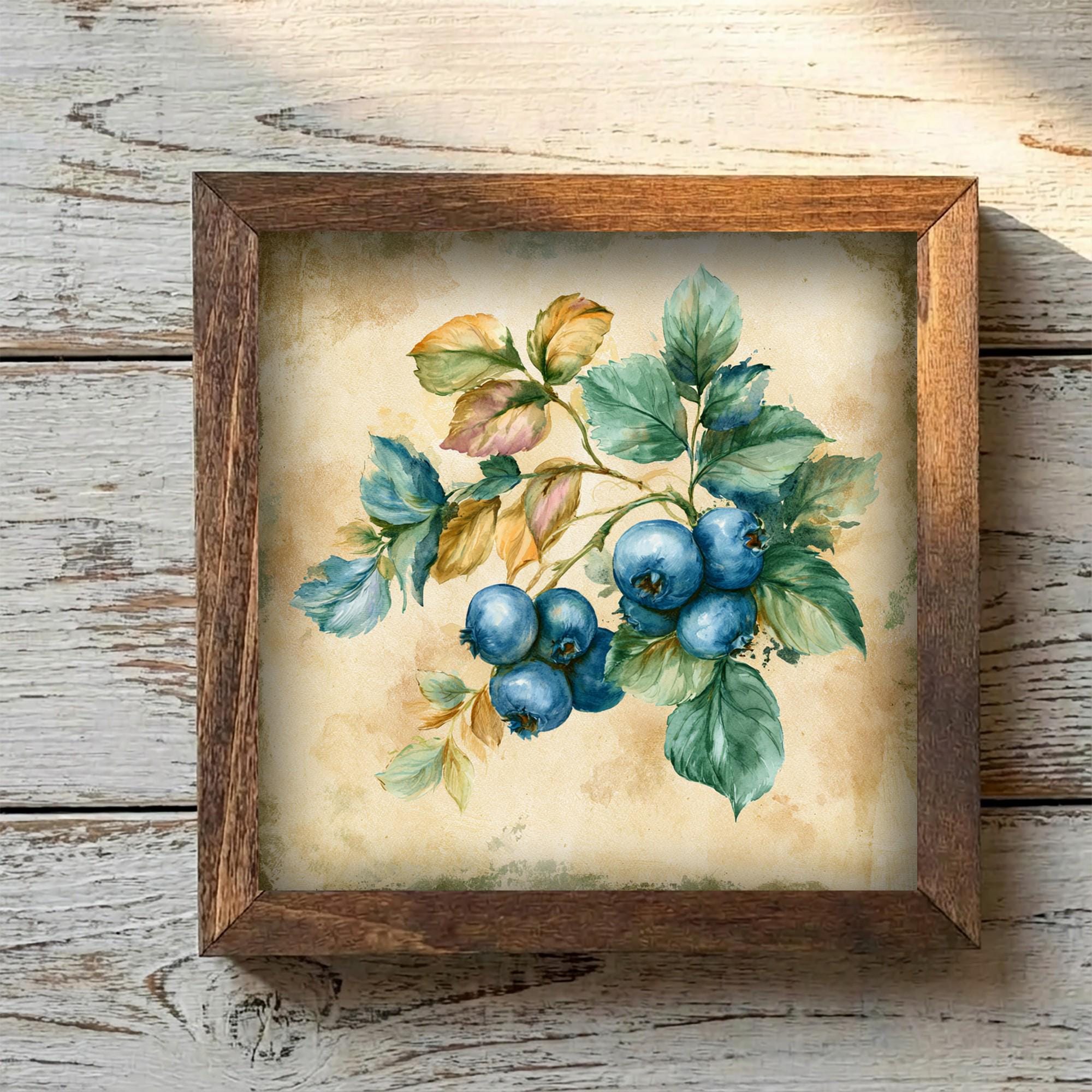 Framed Blueberry Art Print | Rustic Farmhouse Shelf Decor