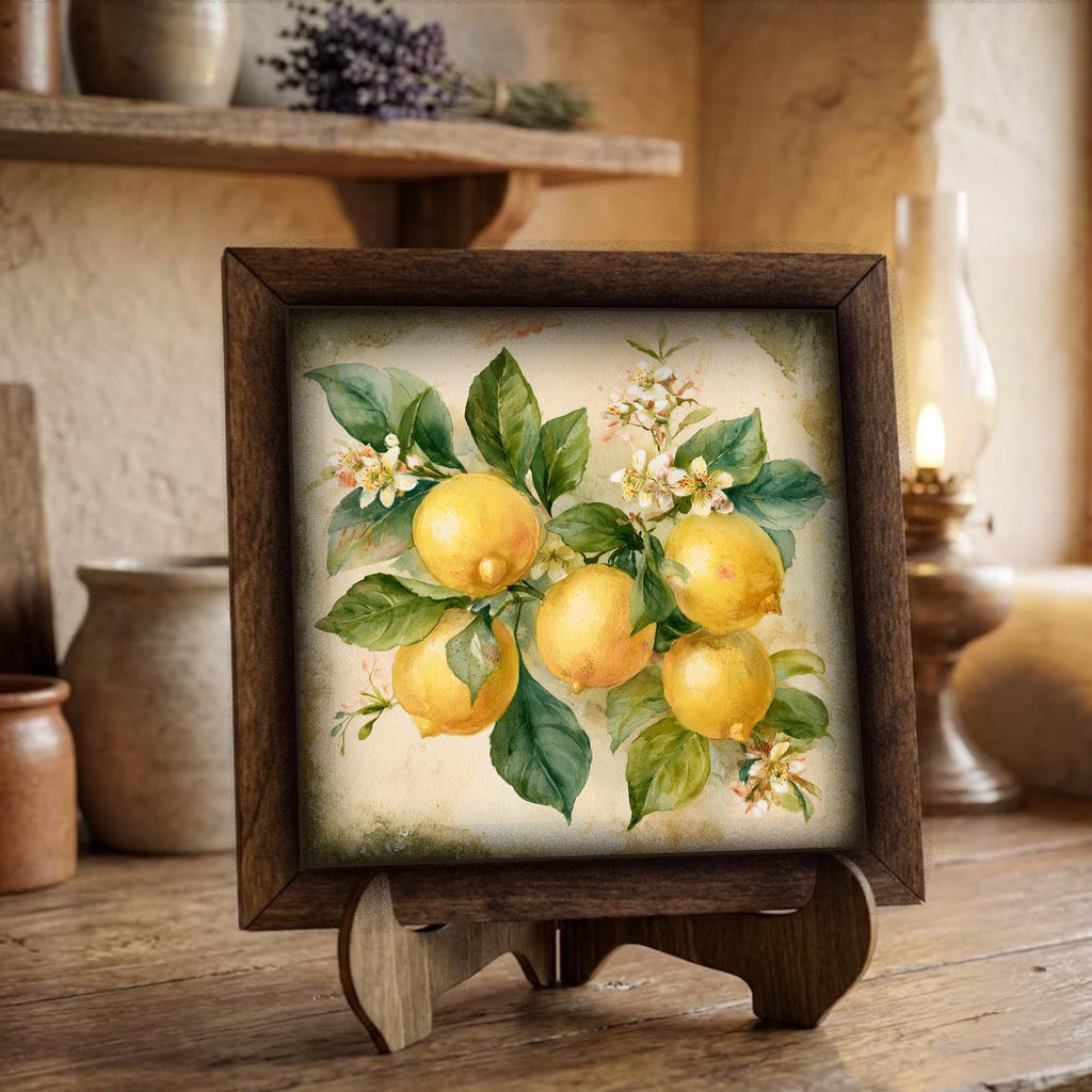 Framed Lemon Botanical Art Print | Rustic Farmhouse Shelf Decor