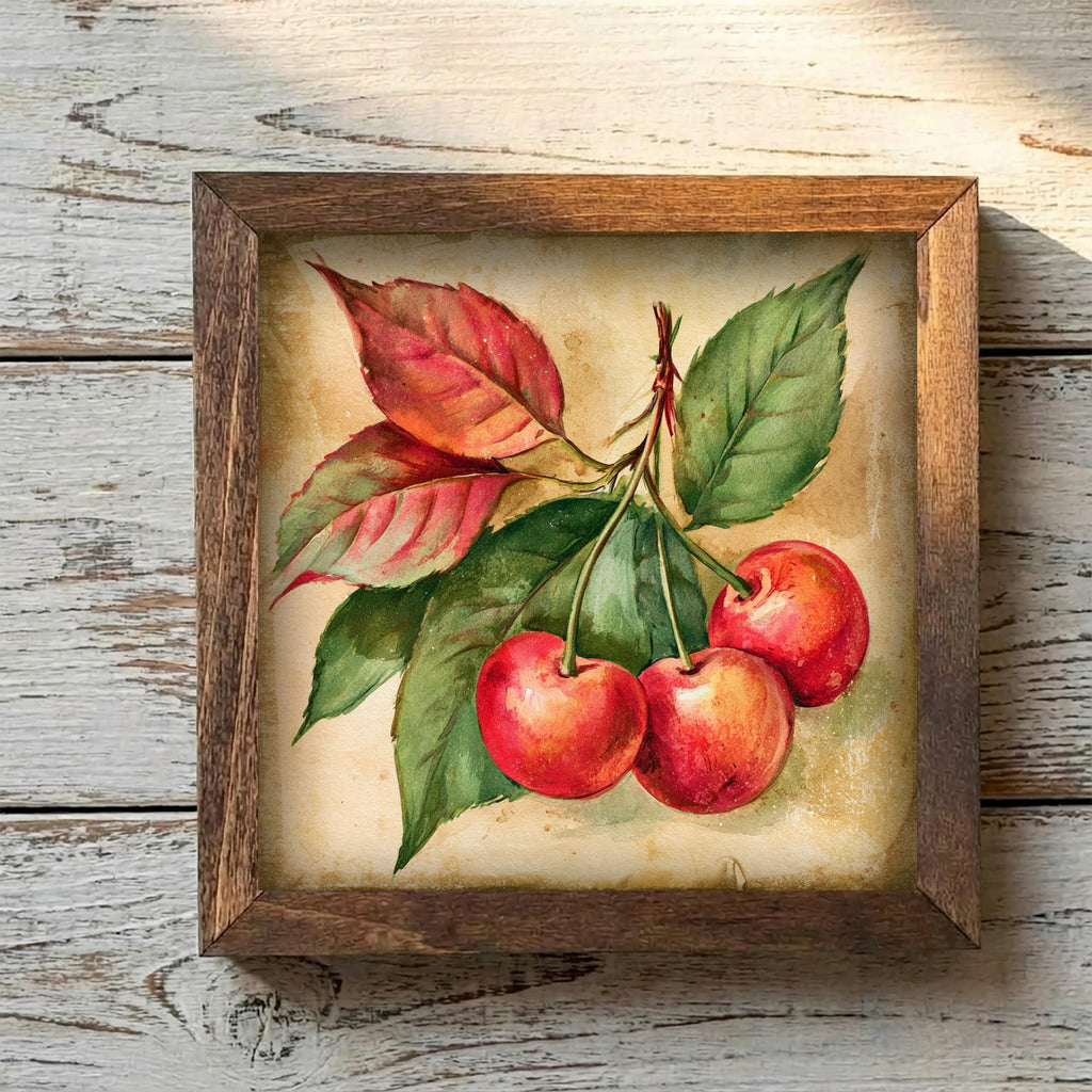 Framed Cherry Art Print | Vintage Botanical Farmhouse Shelf Decor