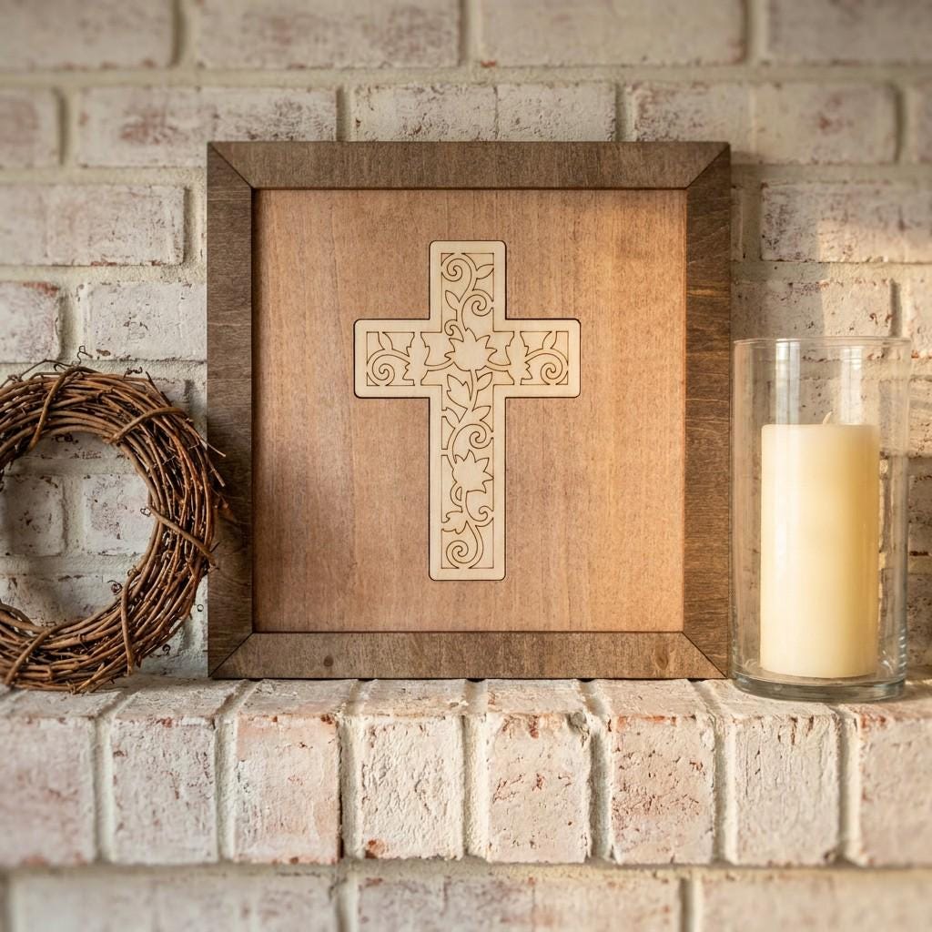 Framed Floral Cross Art Print | Rustic Farmhouse Shelf Decor
