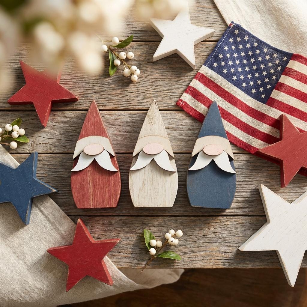 Patriotic Wood Gnome Shelf Sitter Set | Americana Tiered Tray Decor | Red White Blue Mini Decor | 4th of July Gift - TheGrumpyRooster