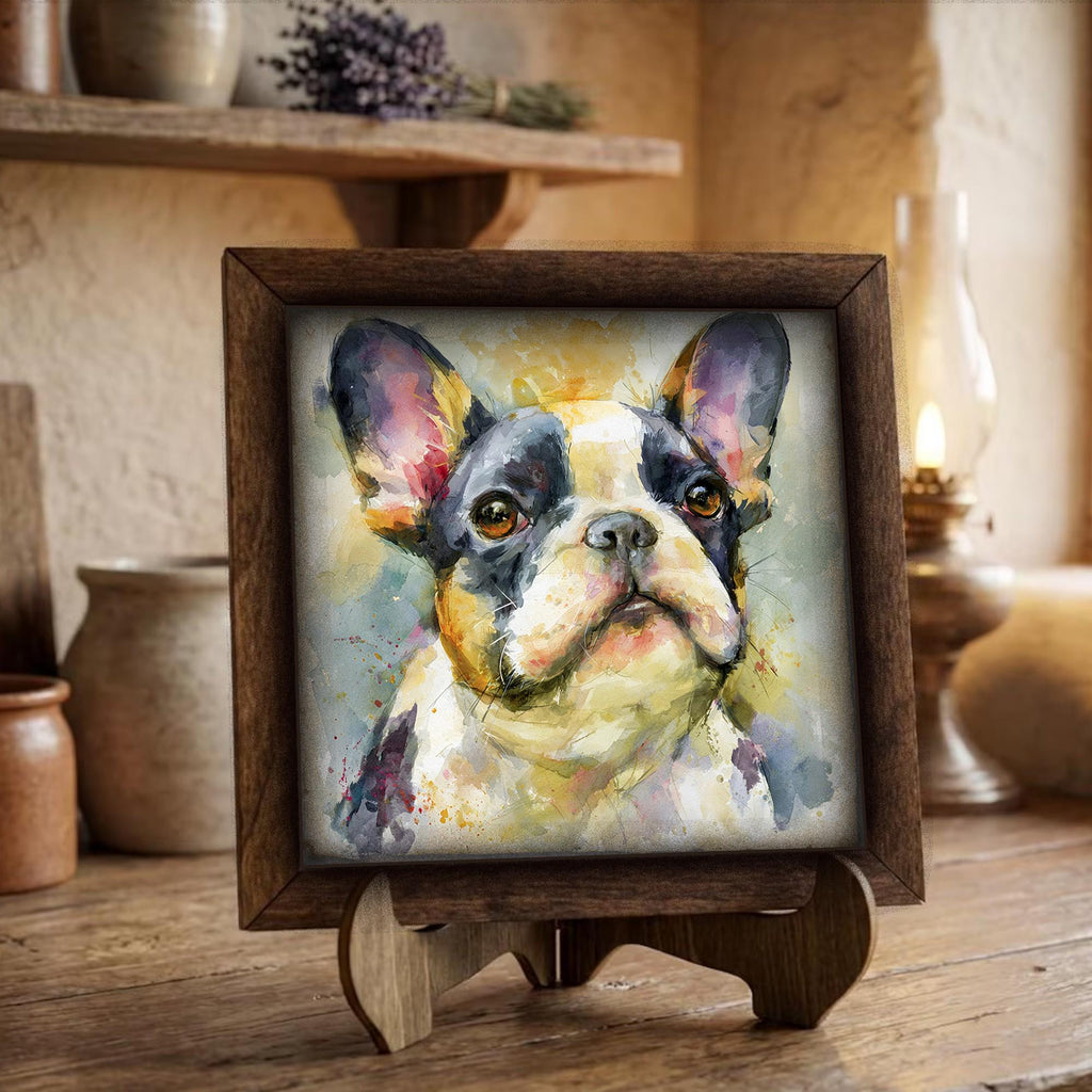 Framed French Bulldog Art Print | Rustic Farmhouse Shelf Decor