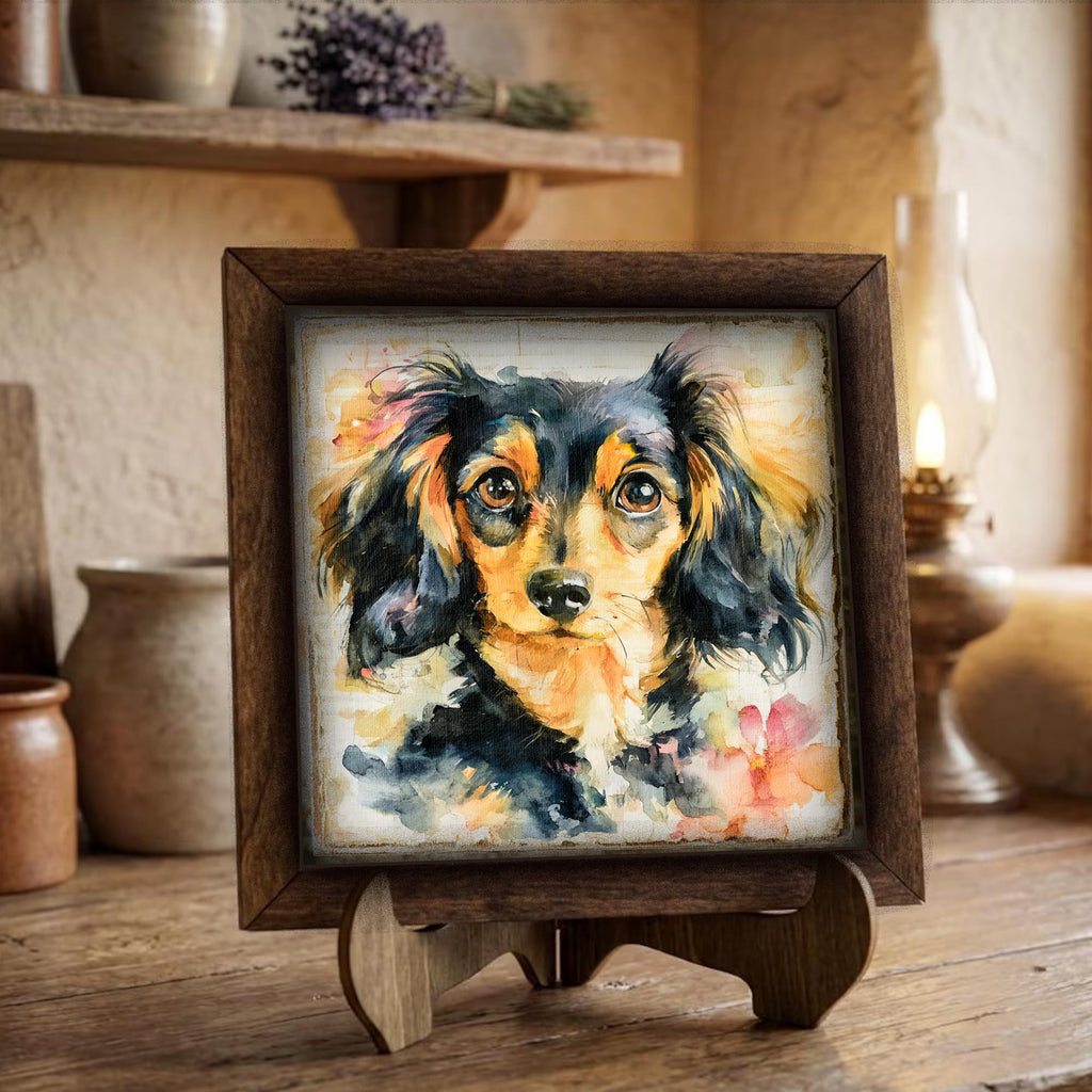 Framed Dachshund Dog Art Print | Rustic Farmhouse Shelf Decor
