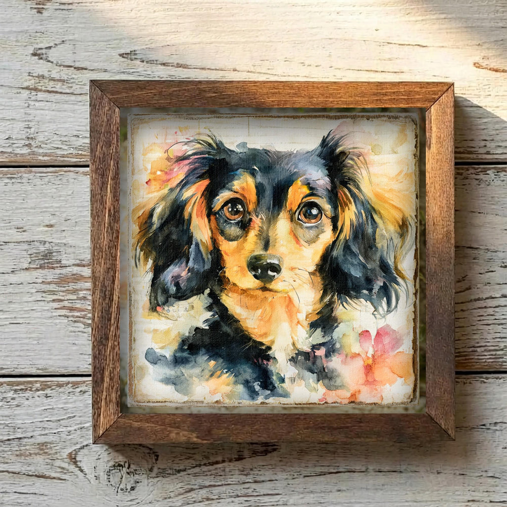 Framed Dachshund Dog Art Print | Rustic Farmhouse Shelf Decor