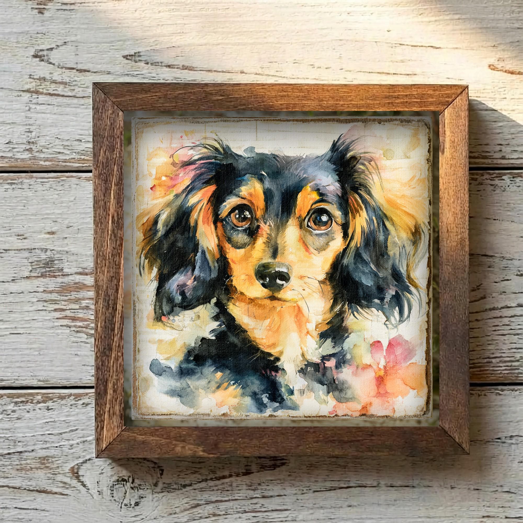 Framed Dachshund Dog Art Print | Rustic Farmhouse Shelf Decor