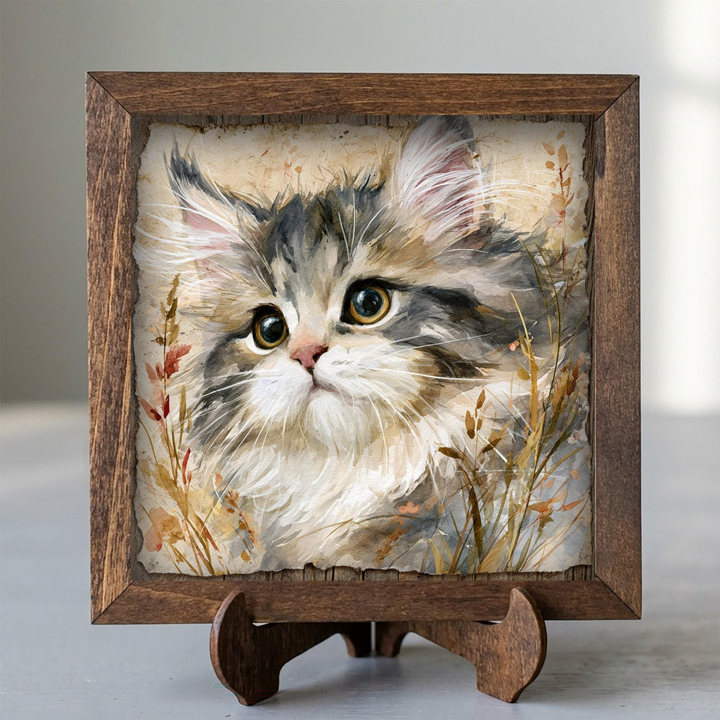 Framed Fluffy Kitten Art Print | Rustic Farmhouse Shelf Decor