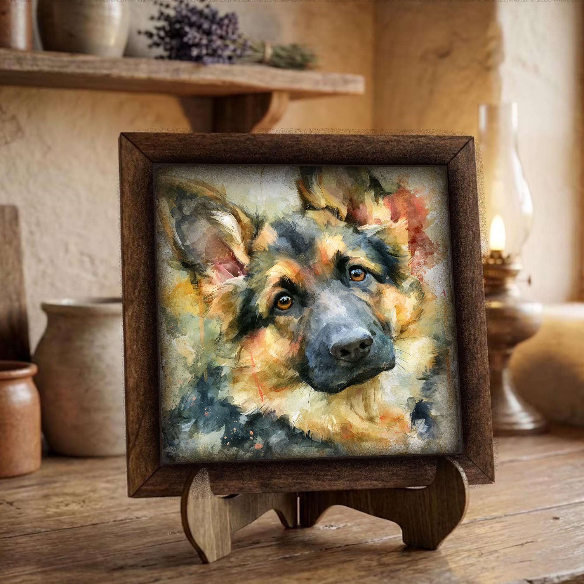 Framed German Shepherd Art Print | Rustic Farmhouse Shelf Decor