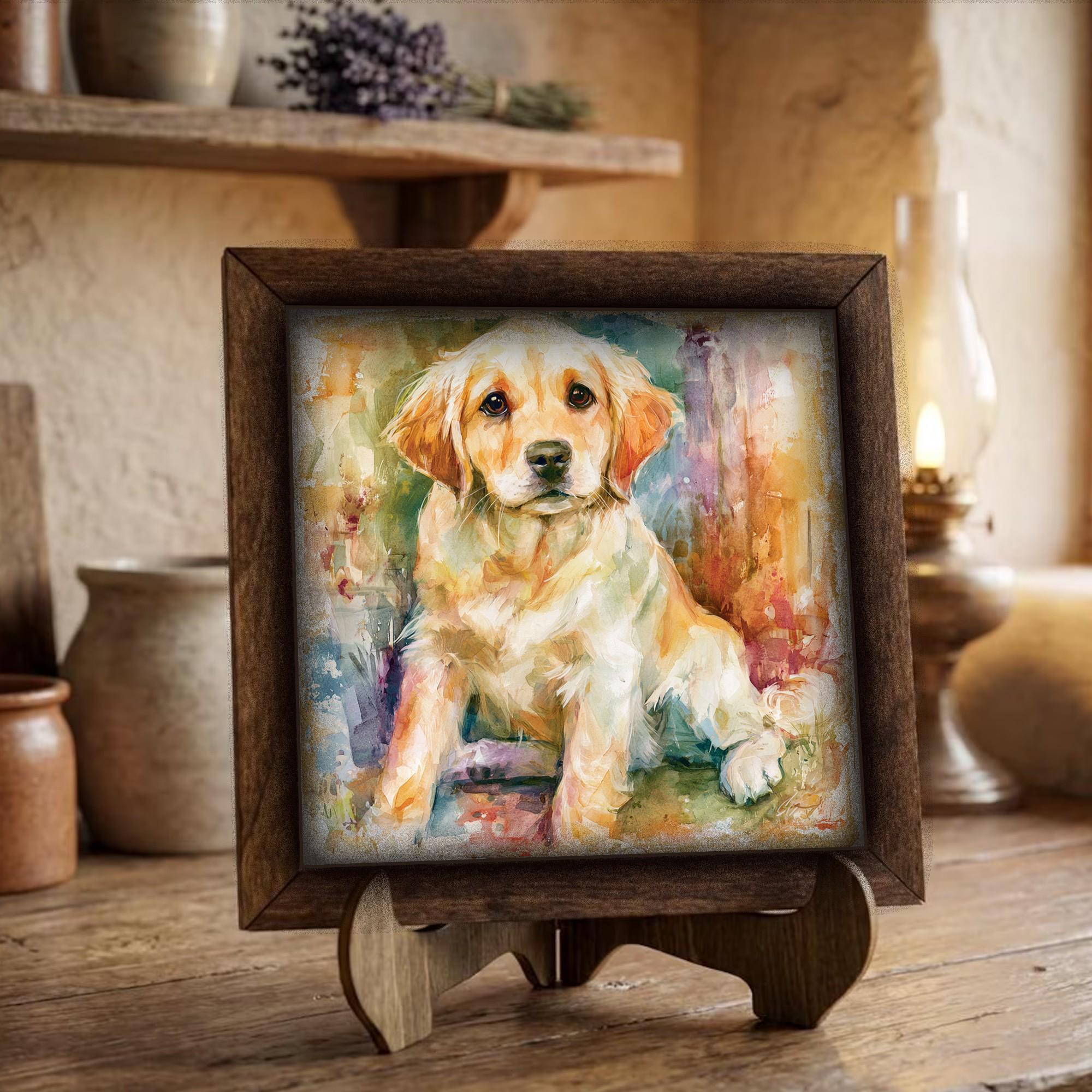 Framed Golden Retriever Puppy Art Print | Rustic Farmhouse Shelf Decor
