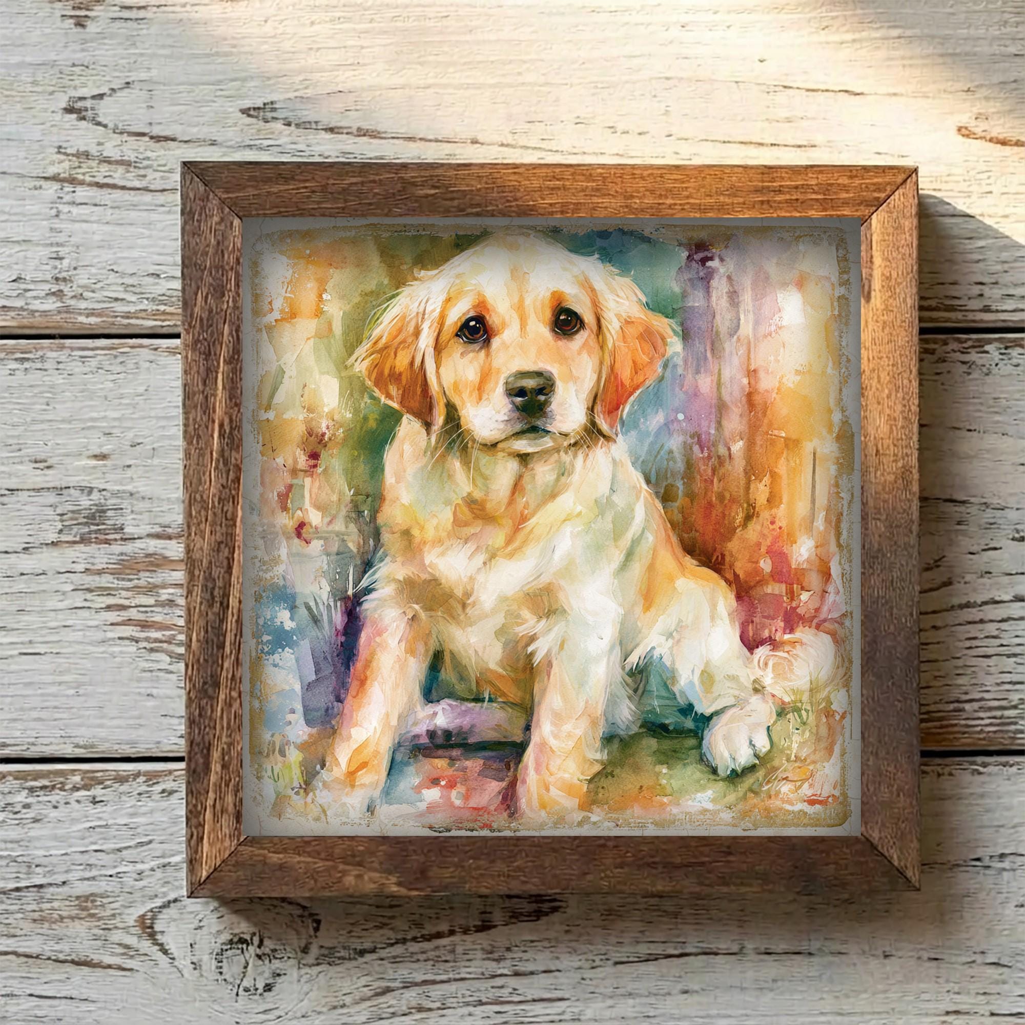 Framed Golden Retriever Puppy Art Print | Rustic Farmhouse Shelf Decor