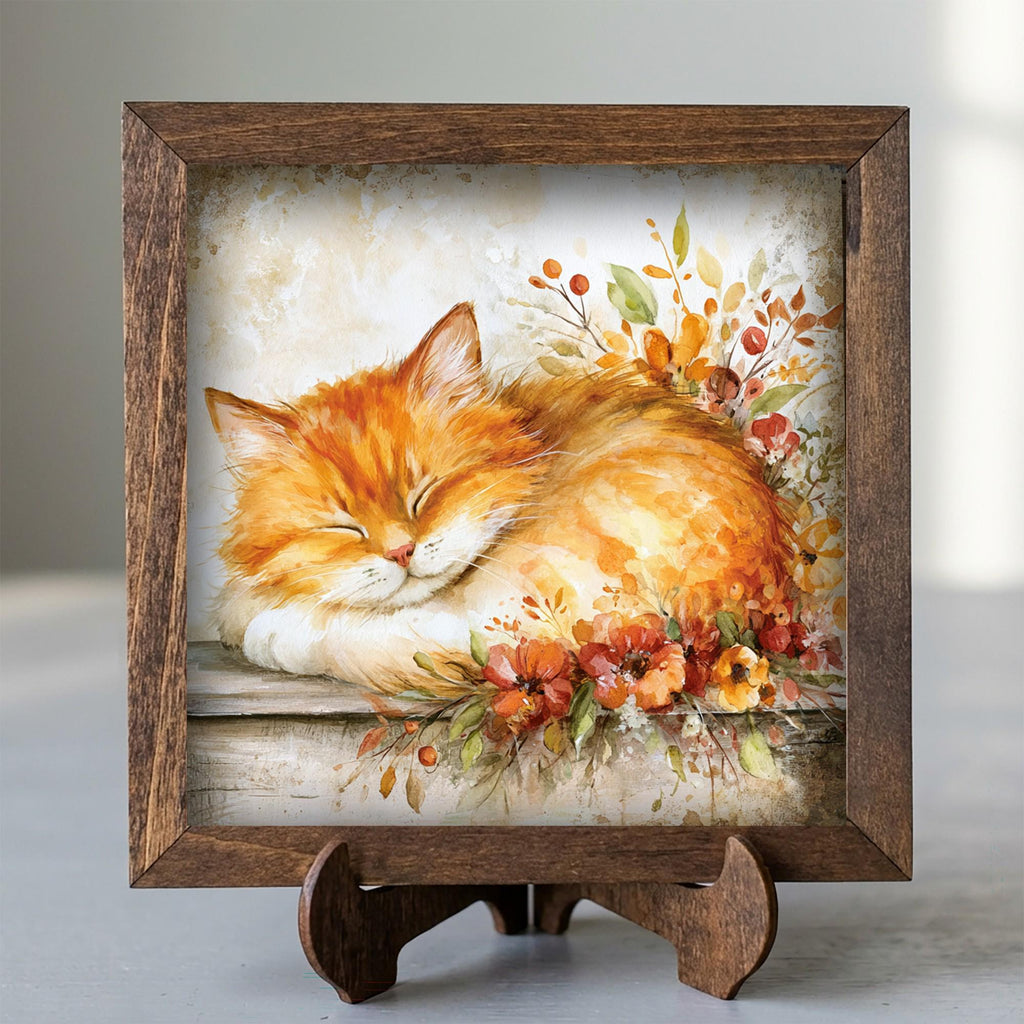 Framed Orange Cat and Flowers Art Print | Rustic Farmhouse Shelf Decor