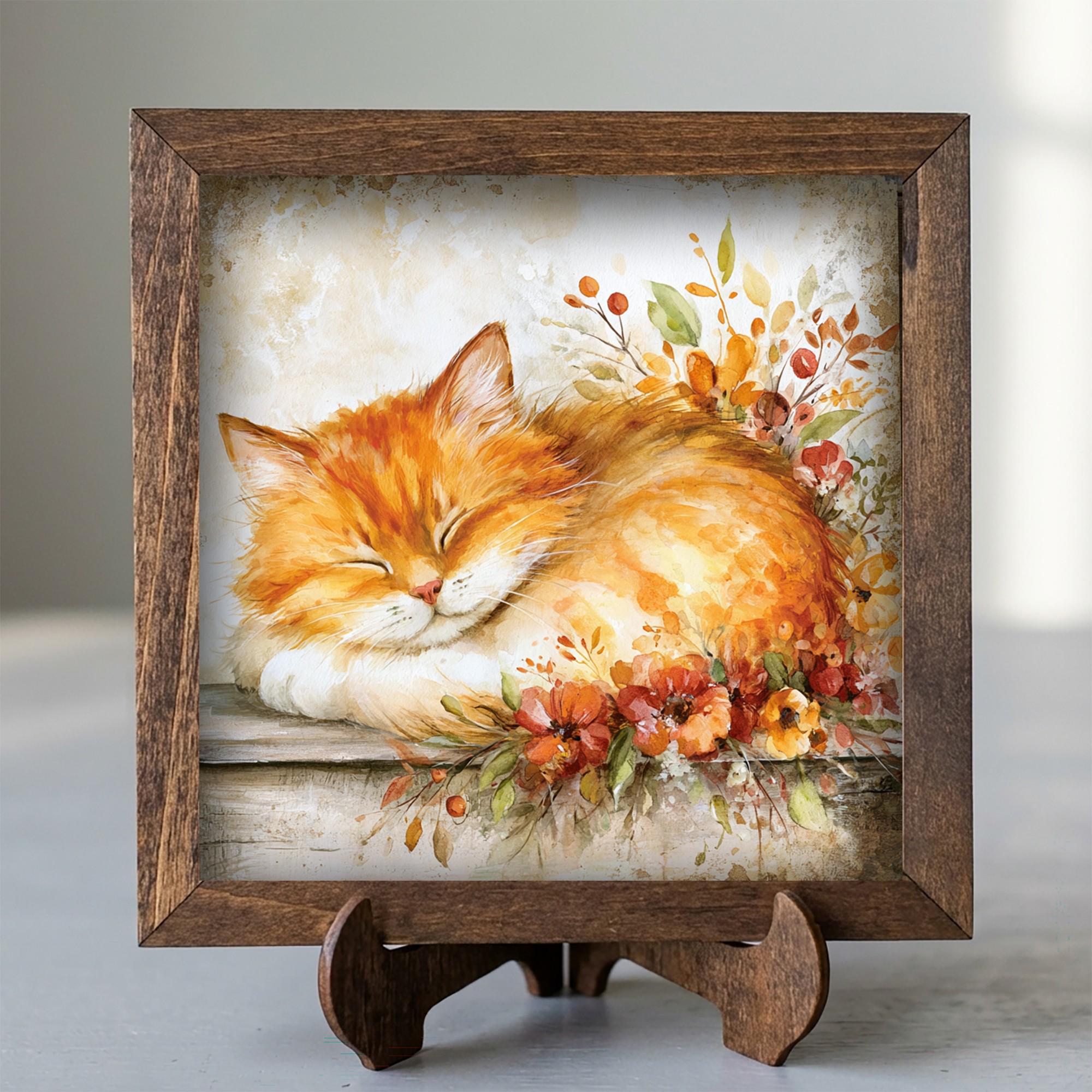 Framed Orange Cat and Flowers Art Print | Rustic Farmhouse Shelf Decor