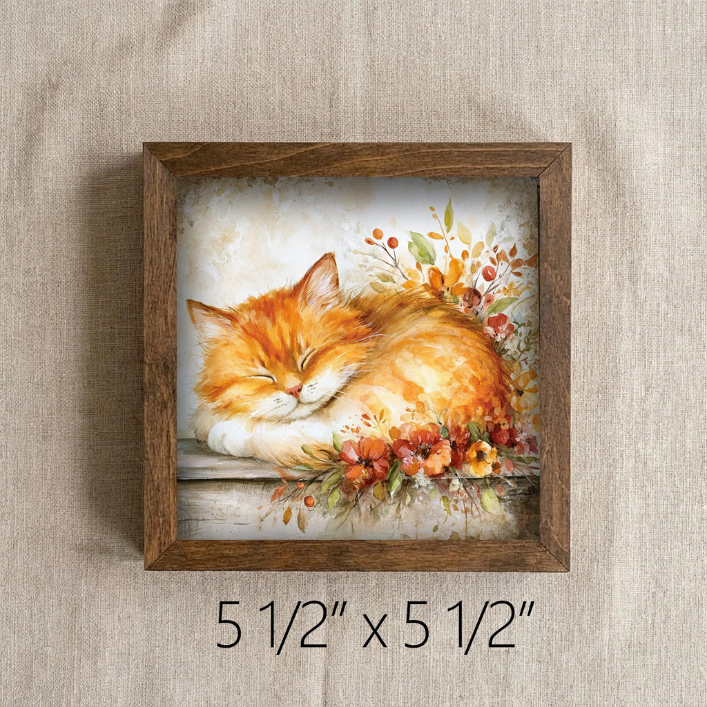 Framed Orange Cat and Flowers Art Print | Rustic Farmhouse Shelf Decor