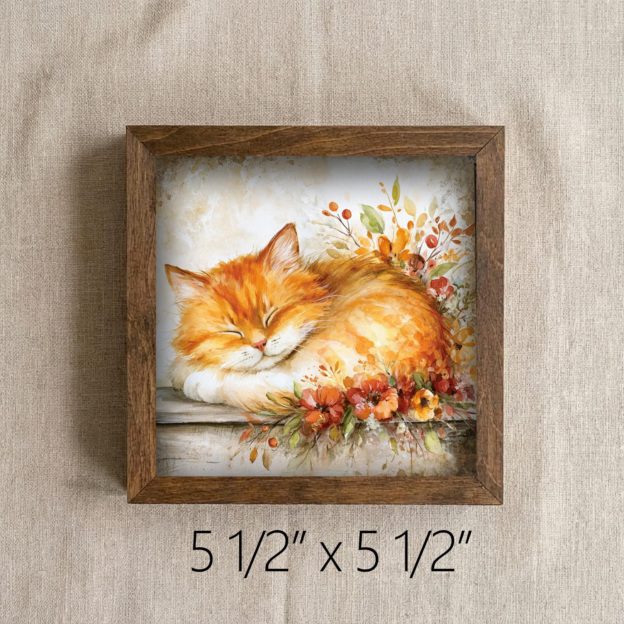 Framed Orange Cat and Flowers Art Print | Rustic Farmhouse Shelf Decor