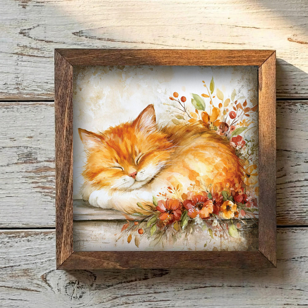 Framed Orange Cat and Flowers Art Print | Rustic Farmhouse Shelf Decor