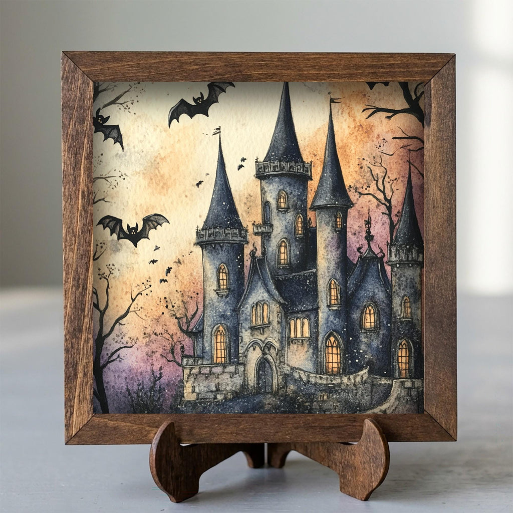 Framed Spooky Castle Art Print | Rustic Halloween Shelf Decor