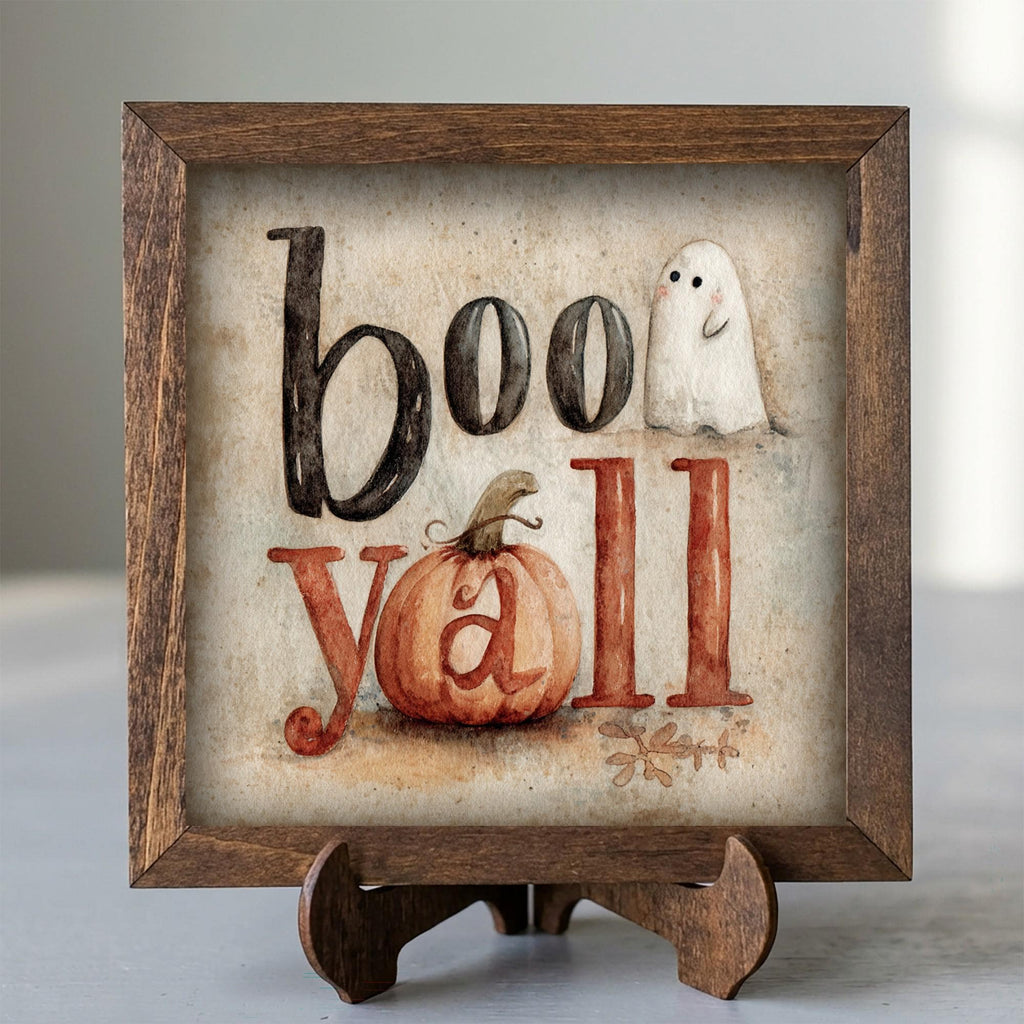 Framed Boo Y'all Ghost Art Print | Rustic Halloween Shelf Decor