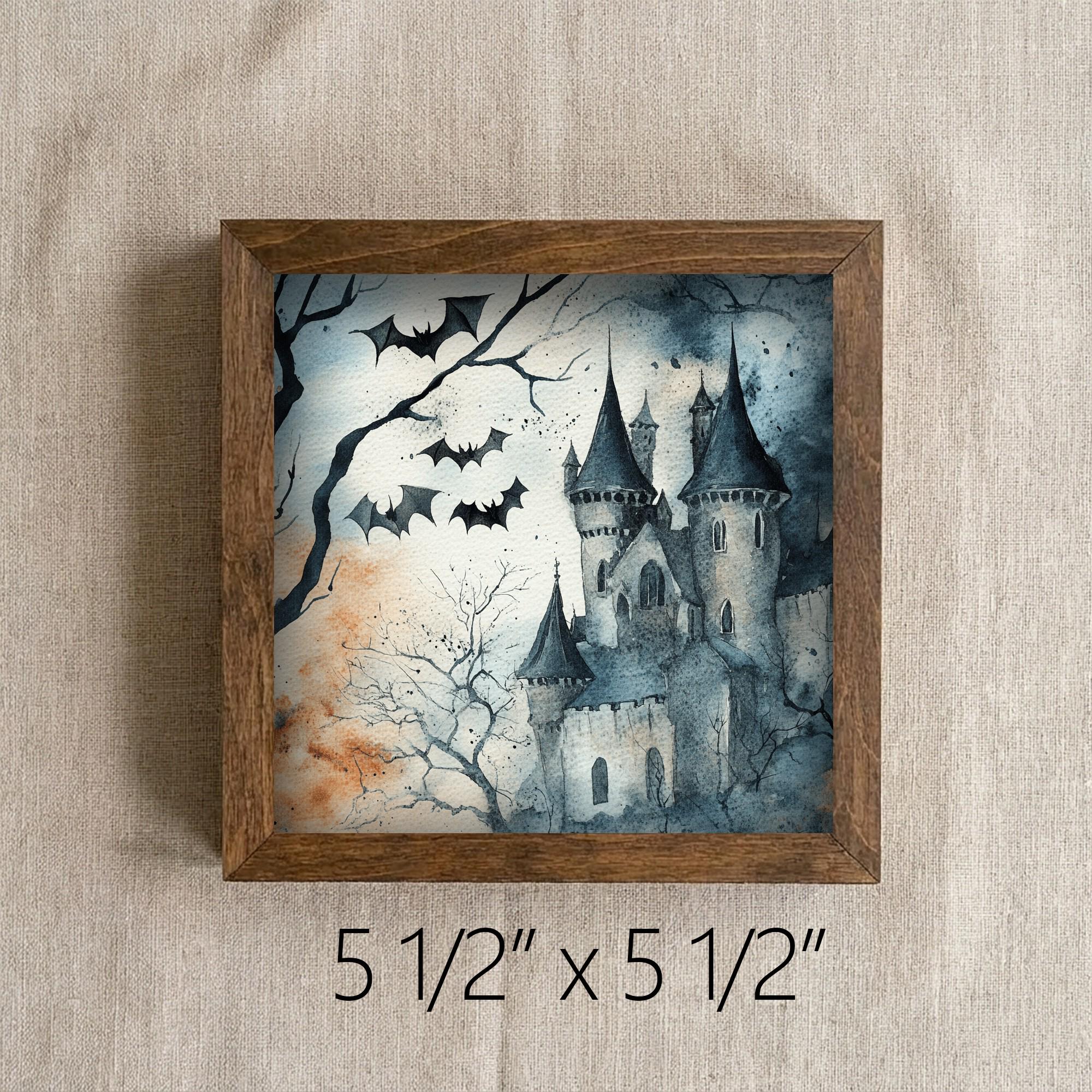 Framed Halloween Castle Art Print | Rustic Farmhouse Shelf Decor