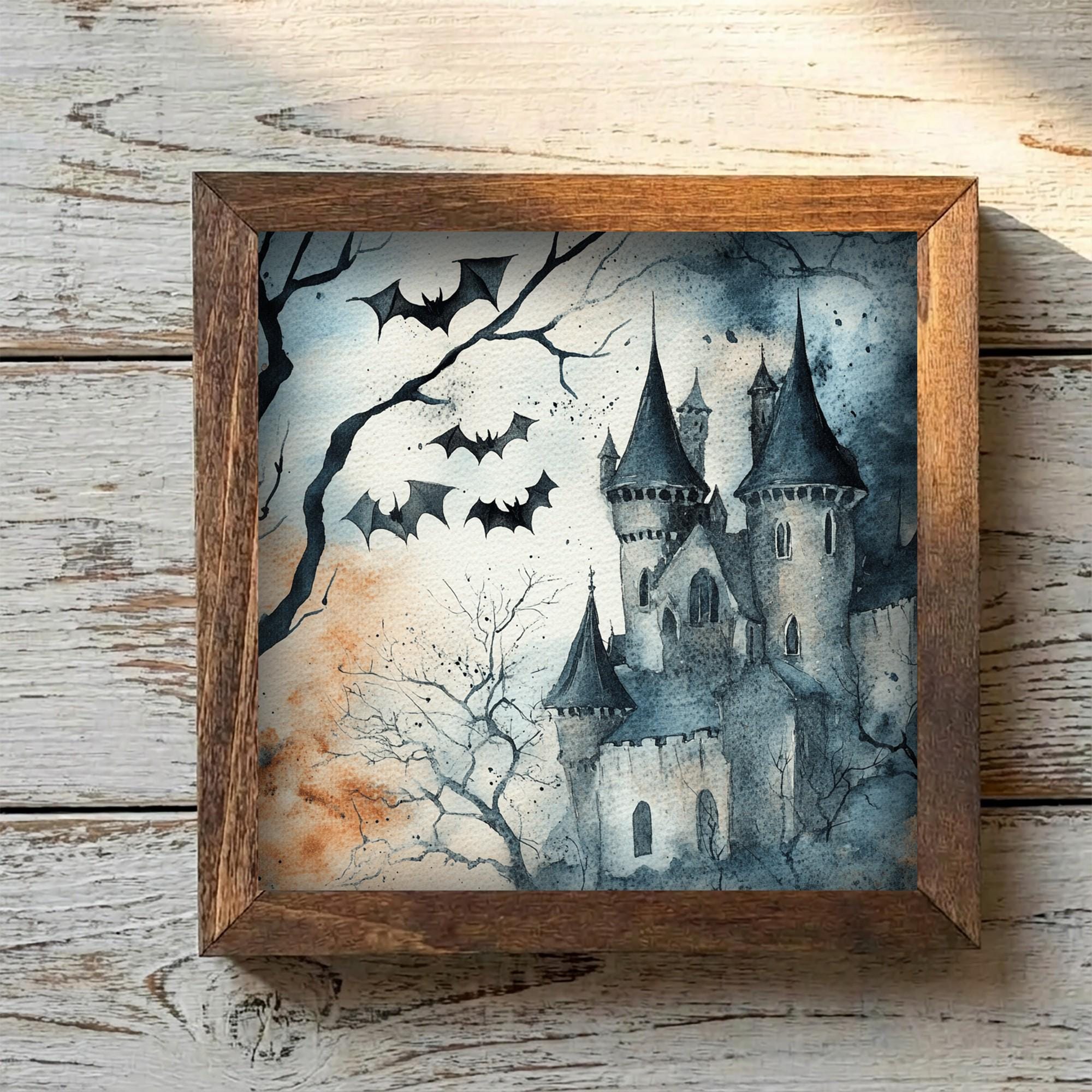 Framed Halloween Castle Art Print | Rustic Farmhouse Shelf Decor