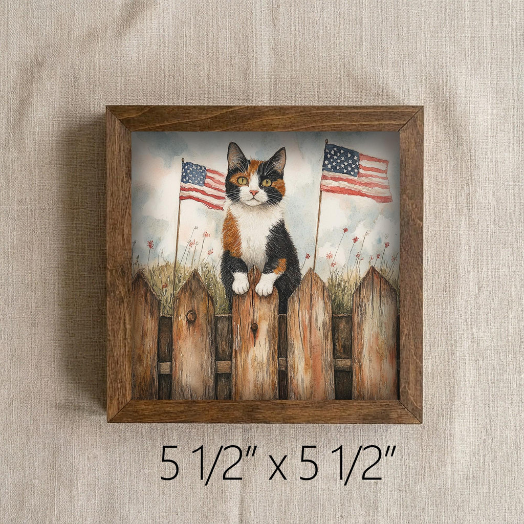 Framed Calico Cat Art Print | Rustic Farmhouse Shelf Decor