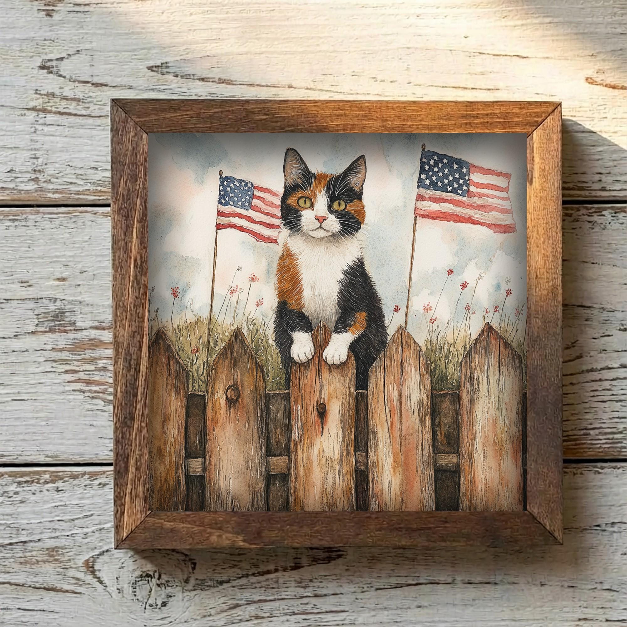 Framed Calico Cat Art Print | Rustic Farmhouse Shelf Decor