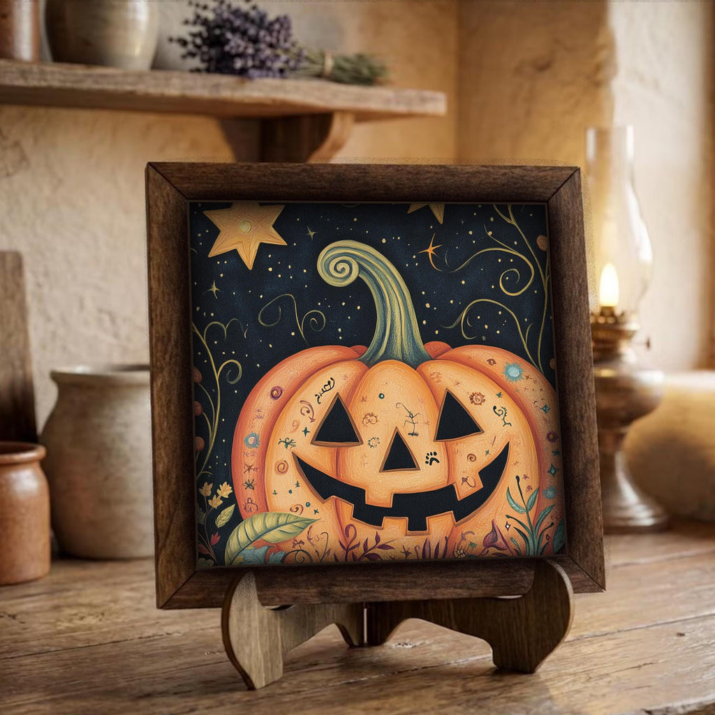 Framed Pumpkin Art Print | Rustic Fall Shelf Decor (Easel Included)
